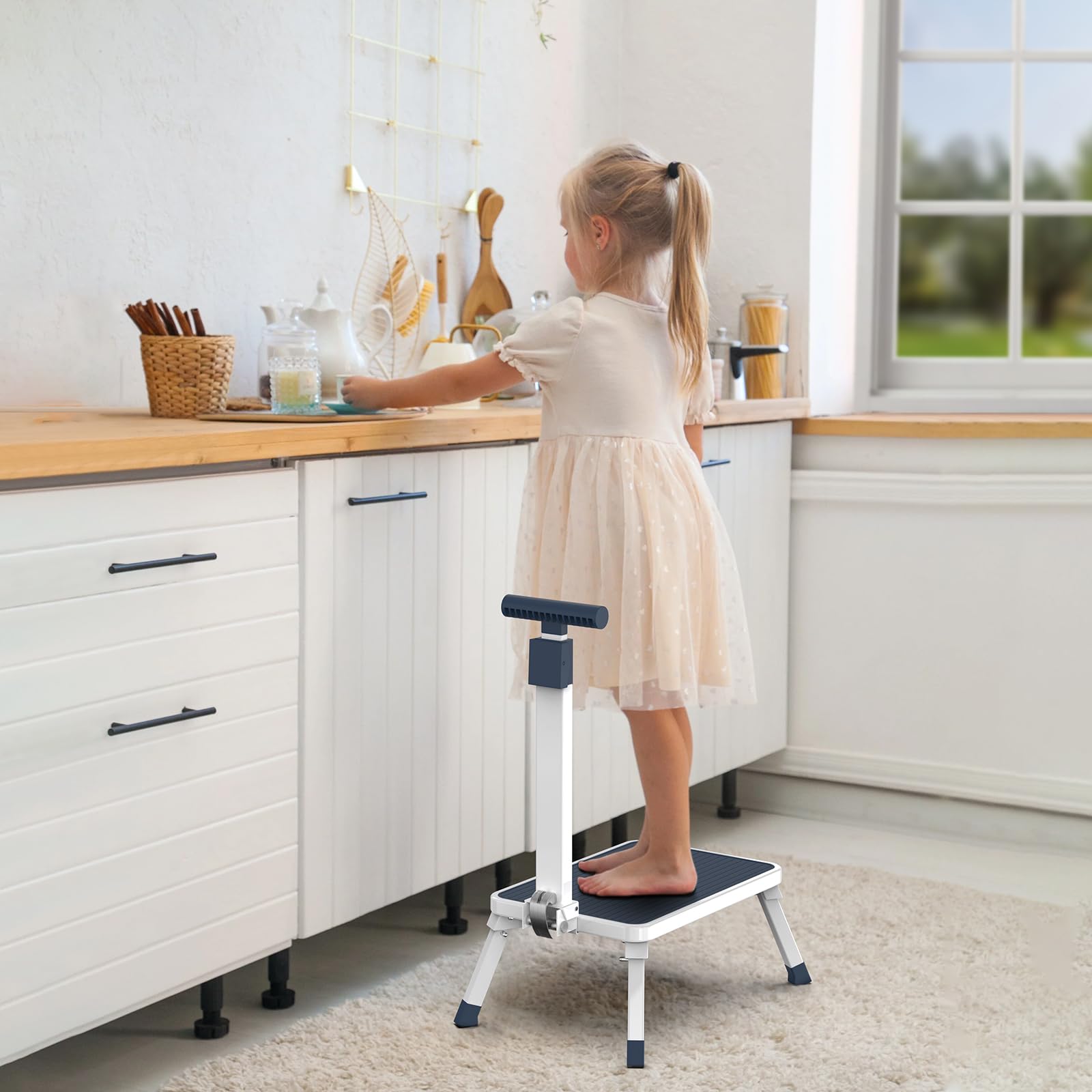 Folding Step Stool, Step Stools with Handle for Elderly Adults, Metal Stepping Stool with Adjustable Handrail in Kitchen, Bathroom, Bedroom, 330 Lbs Capacity