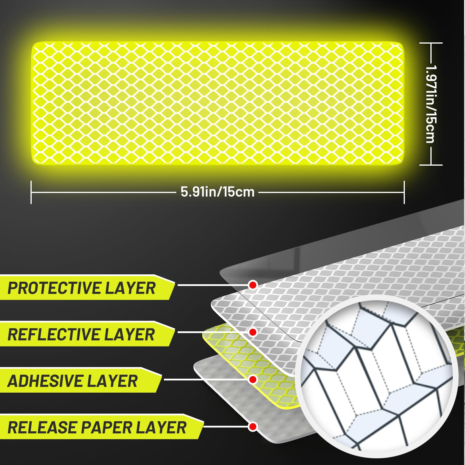 PHIXBEAR Extra Large Reflective Tape Made of 3M DG3, High Visibility Yellow-Green Reflective Stickers for Car, Bike, Helmet, Mailbox - Enhanced Night Safety & Wide Coverage 2" x 6" 8 PCS