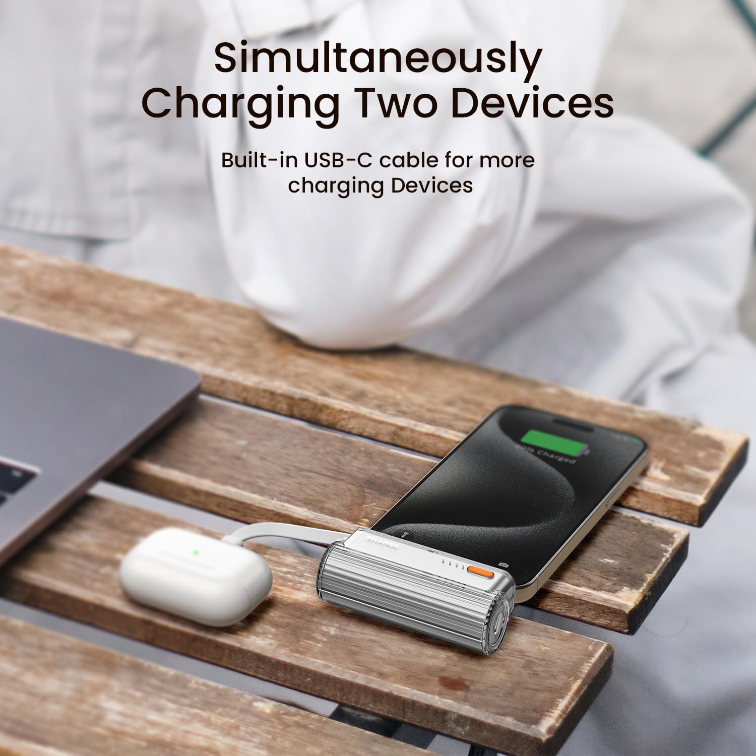 sharge Flow Mini Portable Charger, 5000mAh Small Power Bank with Changeable Plugs and Built in Cable, Dual Output USB-C External Battery Compatible with iPhone 16/15/14/13, iPad, Galaxy S24/23 Ultra