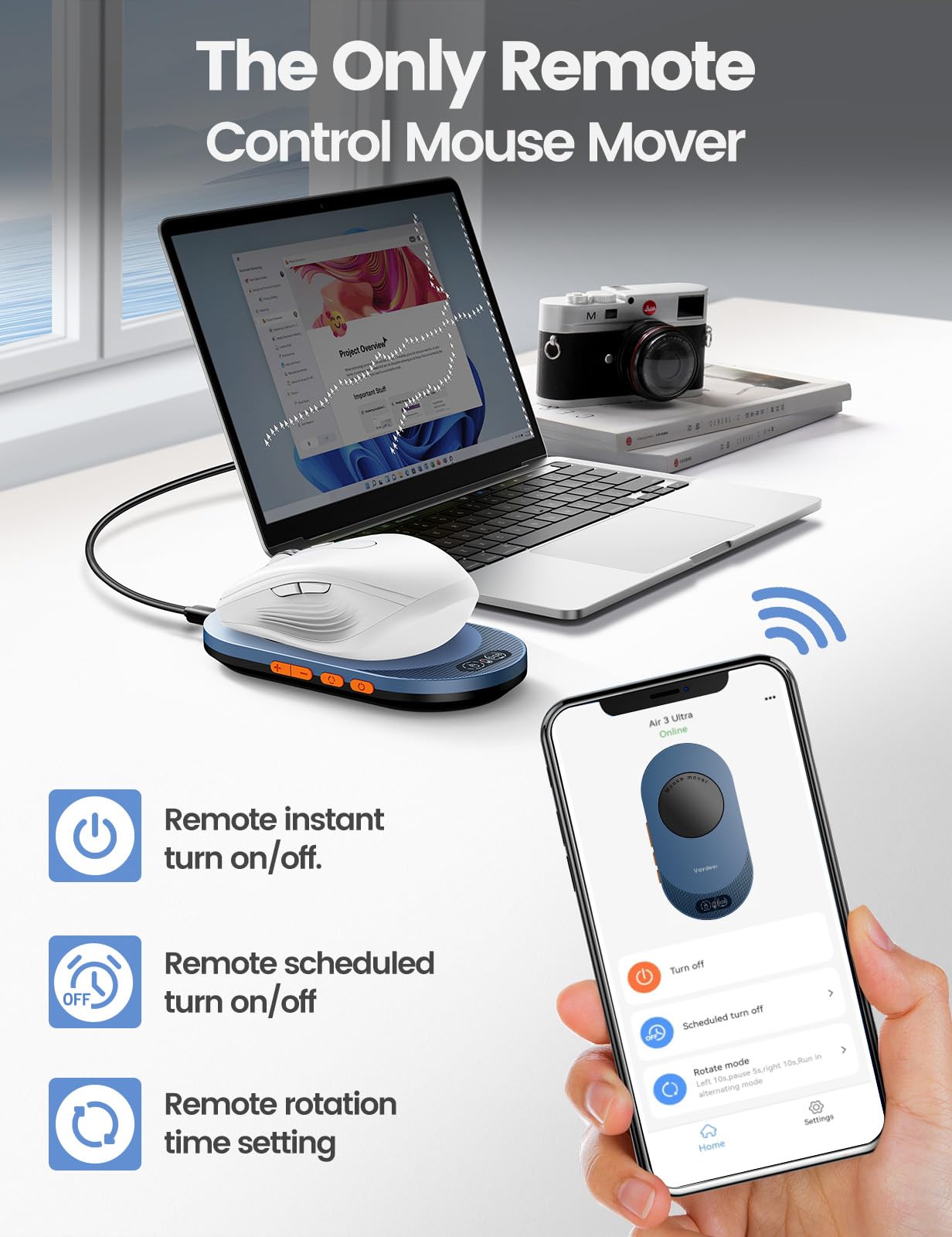 Vaydeer Air 3 Ultra Mouse Mover with APP, Ultra Slim Mouse Jiggler with Timer Function, Undetectable & Noiseless, Simulates Realistic Mouse Movement, Driver-Free, Work from Home, Keeps PC Active