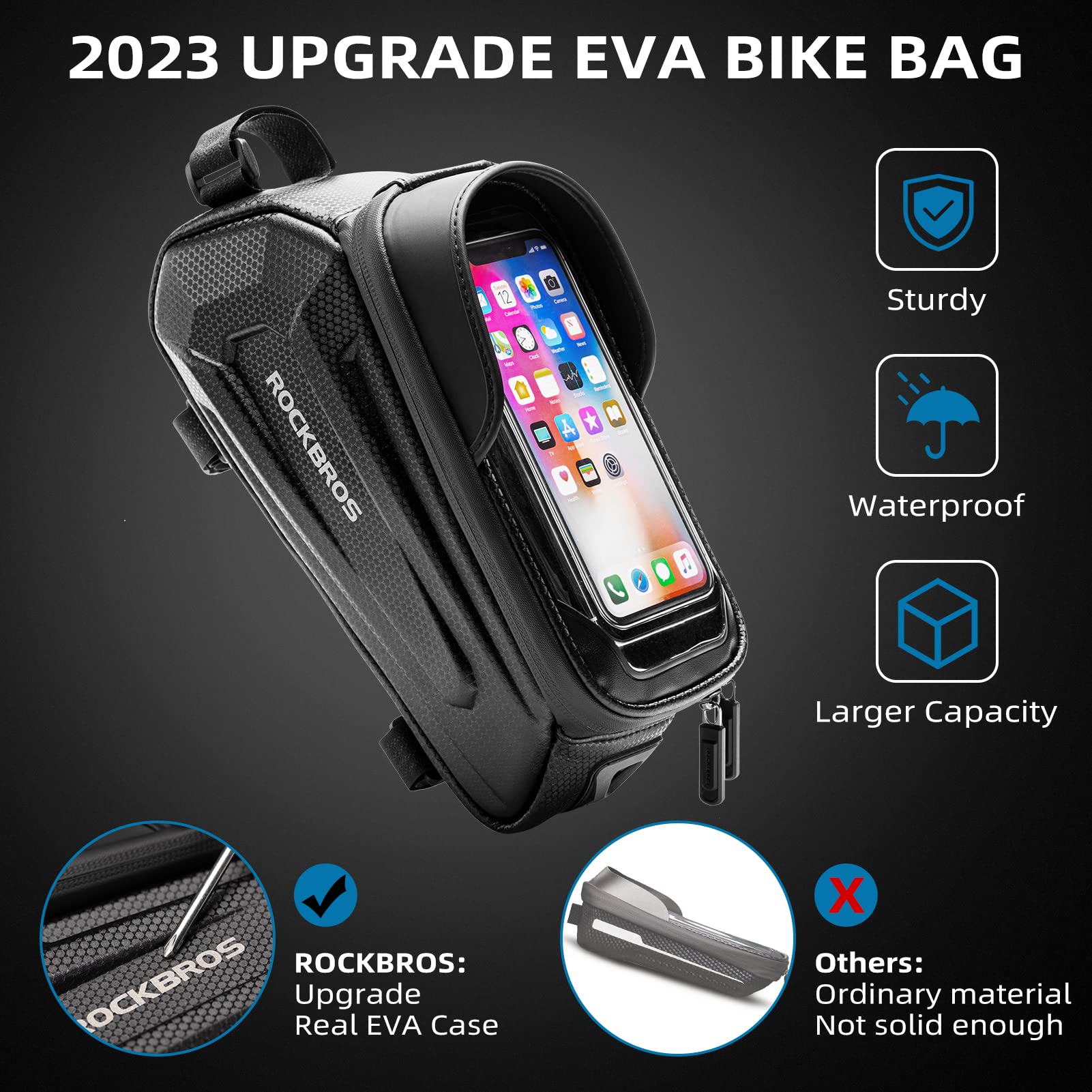 ROCKBROS Bike Bag Phone Mount Bag Bicycle Accessories Pouch, EVA Waterproof Bike Phone Holder Top Tube Front Frame Bag Handlebar Bags Compatible Phones Under 6.8”