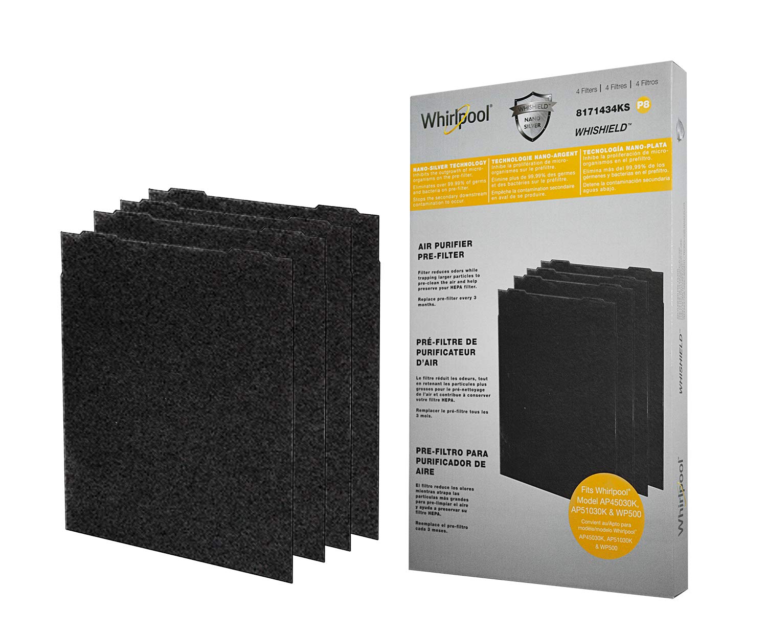 Whirlpool 8171434KS Genuine Charcoal Pre-Filter - Whishield Anti-Microbial Activated Replacement Fit for Air Purifier AP51030K, AP45030K, APR45130L and WP500, Large 4 Pack