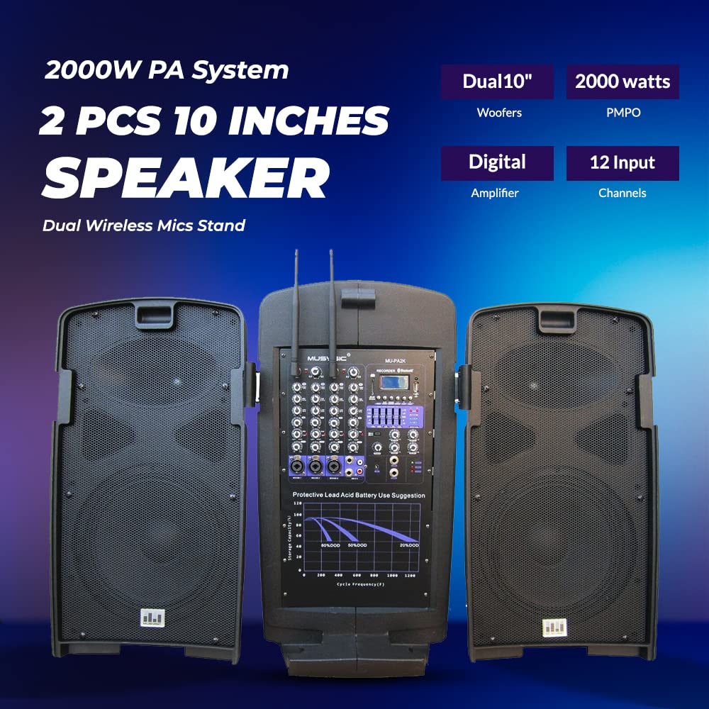 MUSYSIC Portable PA System with Microphone and Speakers – 5 Ch Audio Mixer Built-in 2000W Amp & Wireless UHF Microphone System,USB/SD Card/Bluetooth/FM/RCA Complete w/Stands - 10" Speaker