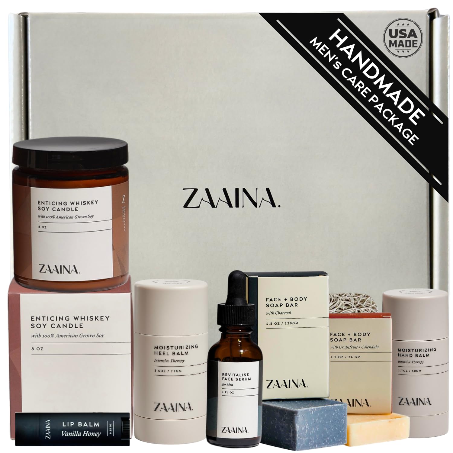 Men's Self Care Package, Relaxation Spa Gift Set for Him - Luxury Natural Handmade Men Skin Care Kit with Whiskey Candle, Unique Self Care Gift for Men, Men's Skin Care Set by ZAAINA