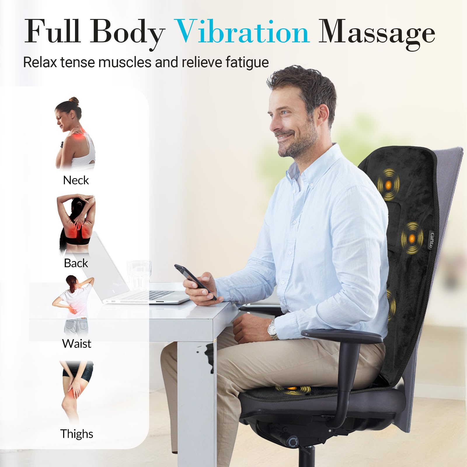 CuPiLo Full Back Massager with Heat, 5 Vibrating Modes & 2 Heat Levels, Back Massager Chair Pad, Electric Massage Seat Cushion, Seat Massage Pad, Ideal Chritmas Gifts for Men Dad Mom Him Her (Black)