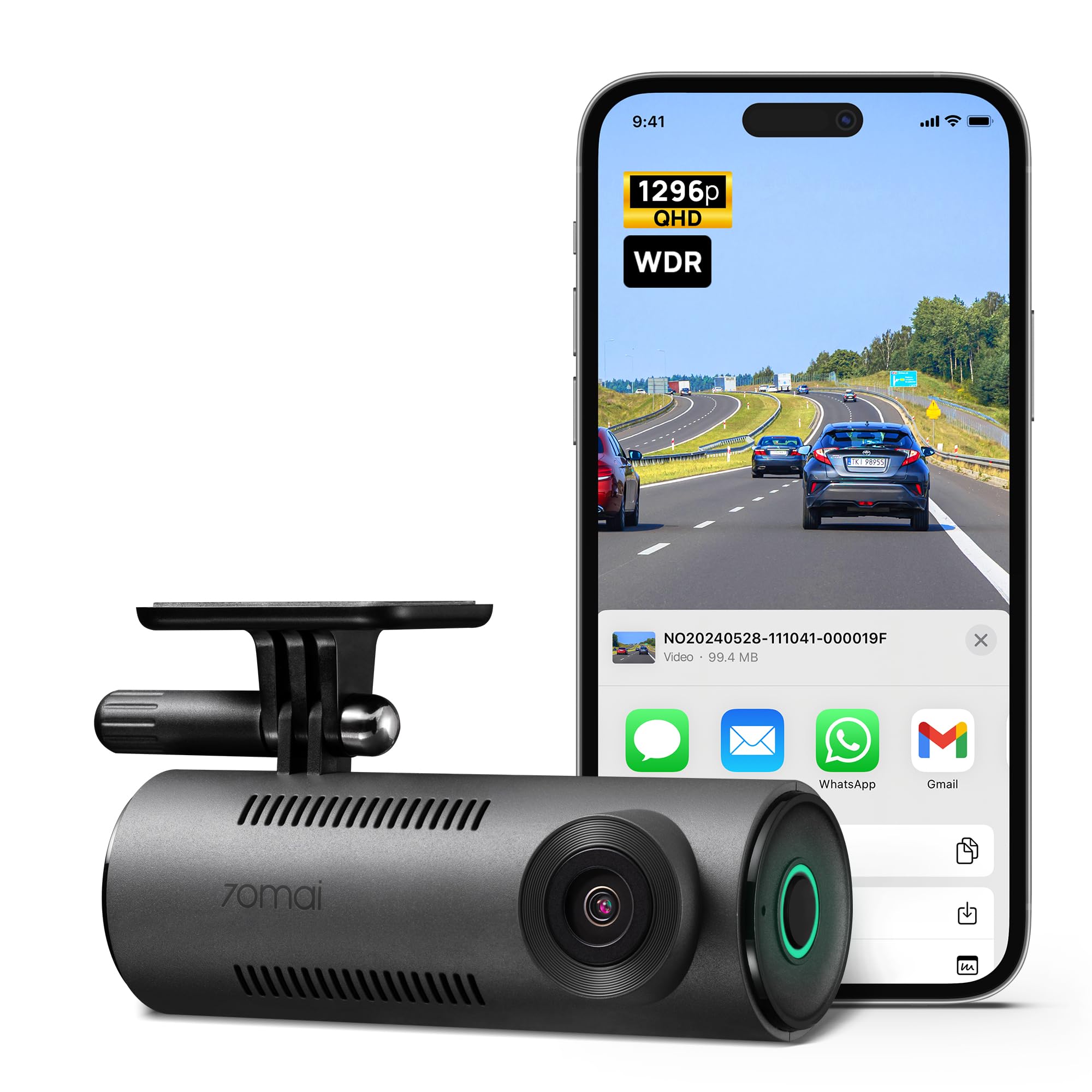 70mai Dash Cam M310, 1296P QHD, Built in WiFi Smart Dash Camera for Cars, 130° Wide-Angle FOV, WDR, Night Vision, iOS/Android Mobile App, Loop Recording, Parking Monitor, Time-Lapse