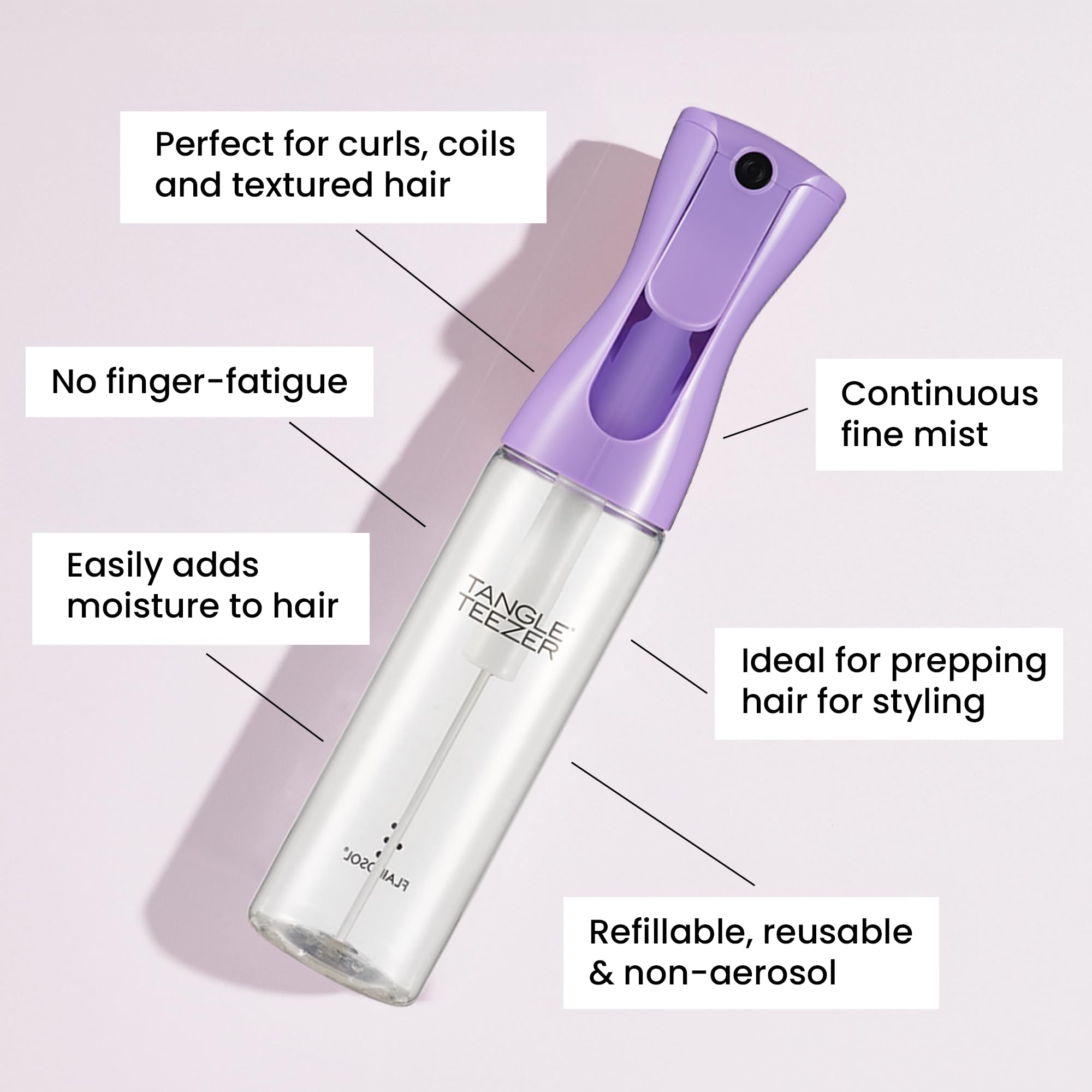 TANGLE TEEZER Fine Mist Continuous Spray Bottle, Reusable and Refillable, for Hair Detangling and Styling, 10.1 oz, Lilac