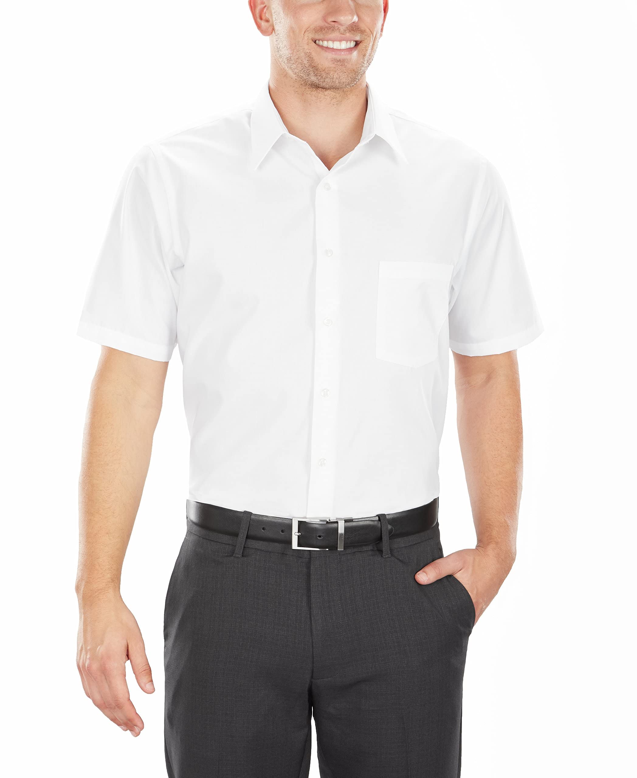Van Heusen Men's Short Sleeve Dress Shirt Regular Fit Poplin Solid, White, 17.5" Neck