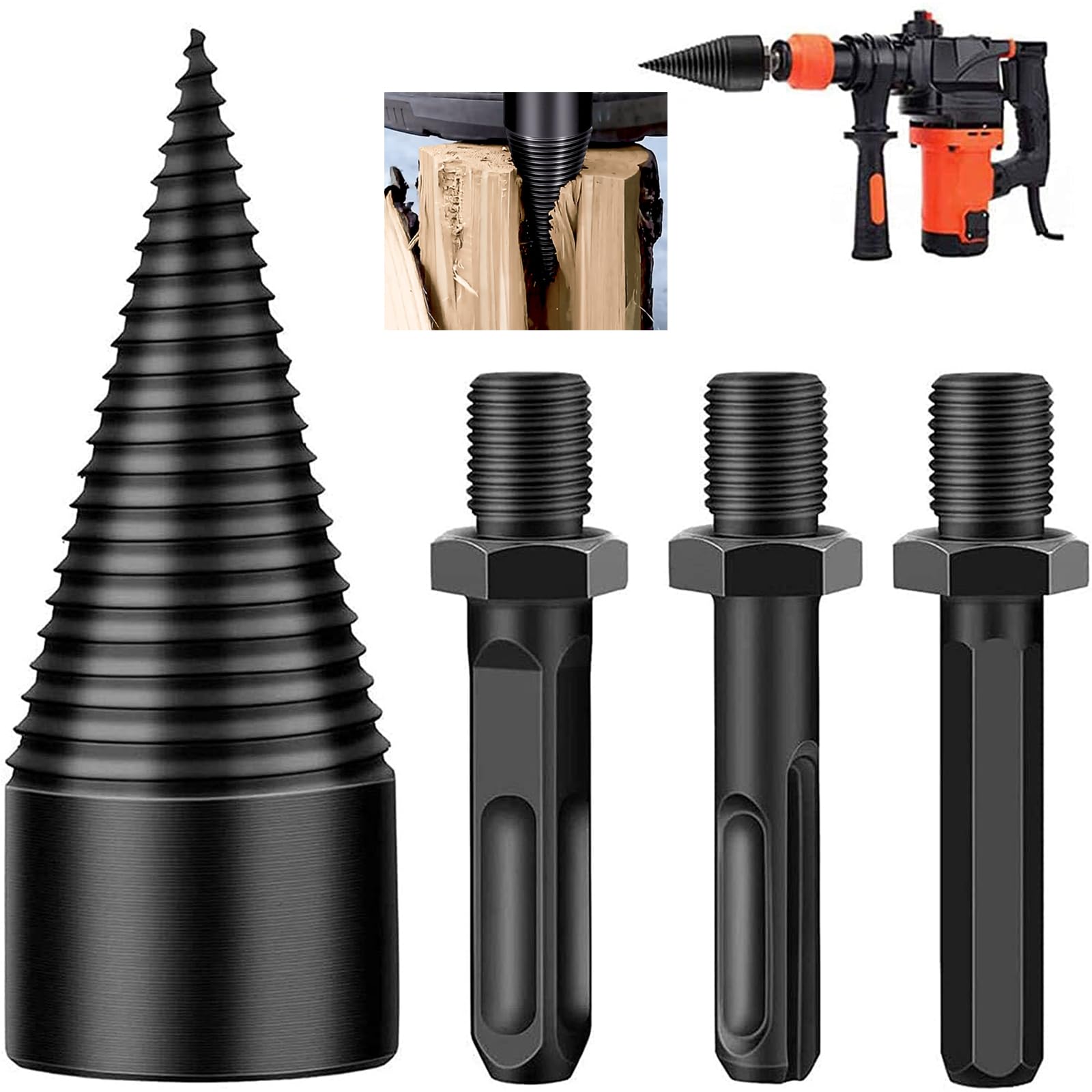 Firewood Log Splitter, 3pcs Drill Bit Removable Cones Kindling Wood Splitting logs bits Heavy Duty Electric Drills Screw Cone Driver Hex + Square + Round 32mm/1.26inch, Black 32MM