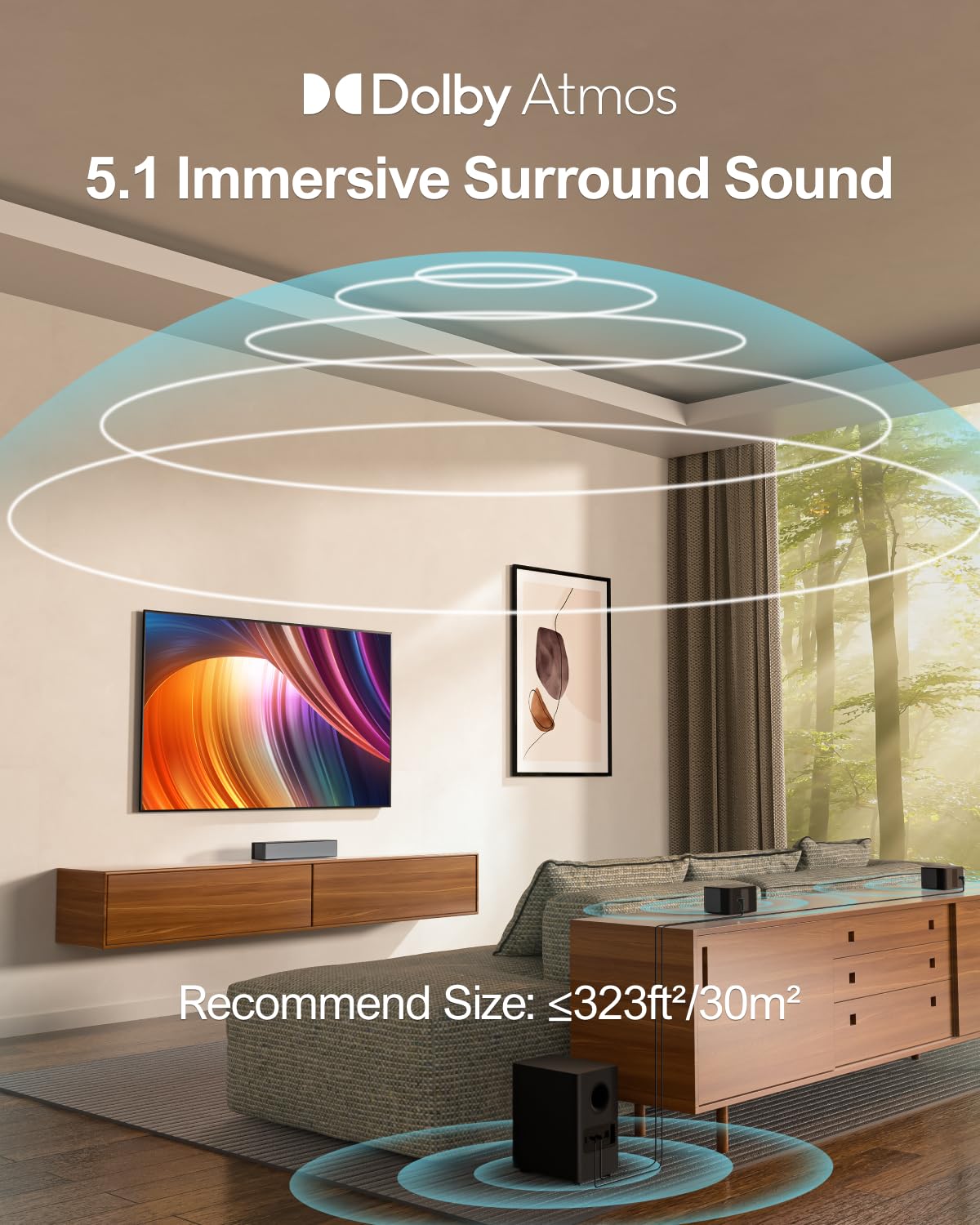 ULTIMEA 5.1 Home Theater Sound Bar Compatible with Dolby Atmos, Peak Power 410W, Sound Bars for Smart TV with Subwoofer, Surround Sound System, Adjustable Surround and Bass, Poseidon D60(Renewed)