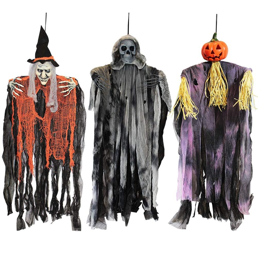 JOYIN 3 Pack 35” Hanging Ghosts Witch Pumpkin Decor Hanging Halloween Decorations Outdoor Halloween Decor, Scary Flying Witch Grim Reapers Haunted House Front Porch Decor Yard Garden Lawn Party