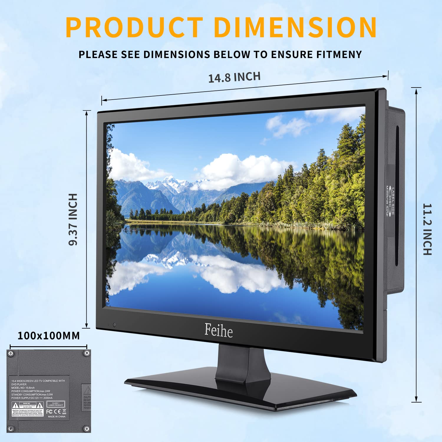 Feihe 15.6 Inch Flat Screen TV with DVD Player Built-in, Small TV-DVD Combo w/ATSC Tuner/HDMI/USB/AV/VGA Input, Watch Television Anywhere for Kitchen Bedroom RV Camper Truck Caravan Boat