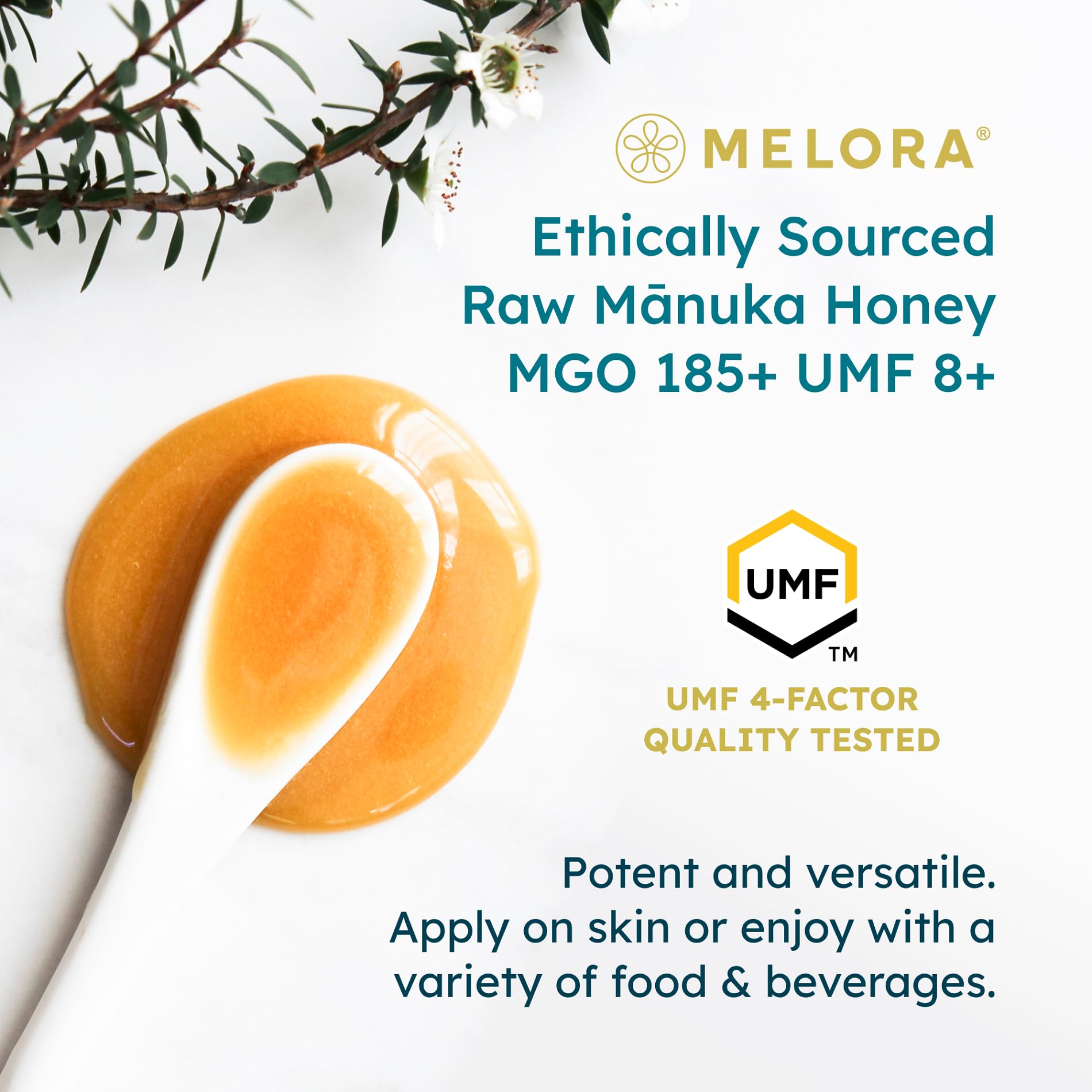 Melora Manuka Honey New Zealand Raw Honey | Pure, Unfiltered, Unpasteurized Honey | Organic Squeeze Bottle | UMF 8+ | MGO 185+ | 12 oz