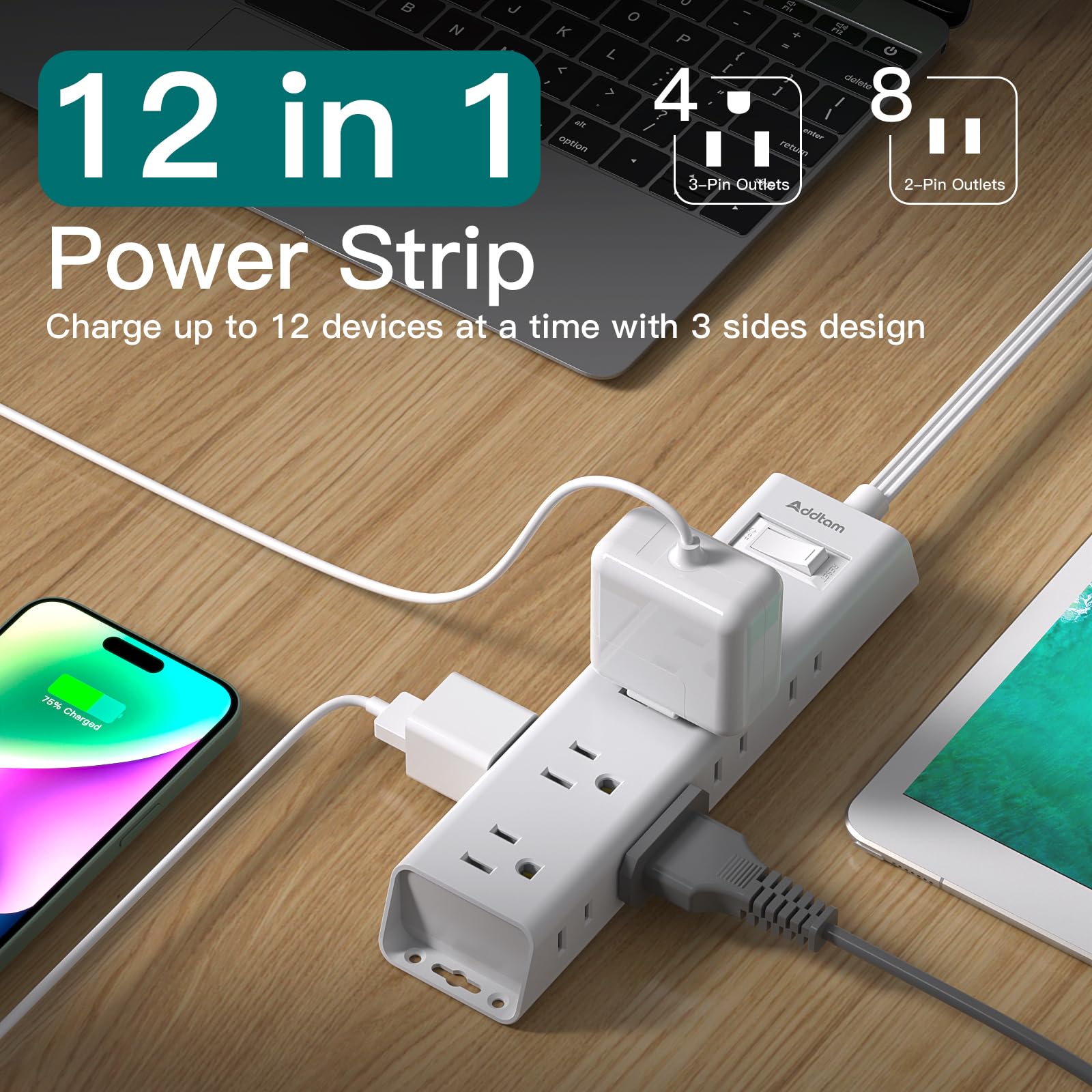 2 Pack Surge Protector Power Strip - Flat Plug Extension Cord, 12 Outlet Extender 3 Sides with Overload Protection, 5ft, 1050J, Wall Mount Multi Plug Adapter for Home Office College Dorm Essentials