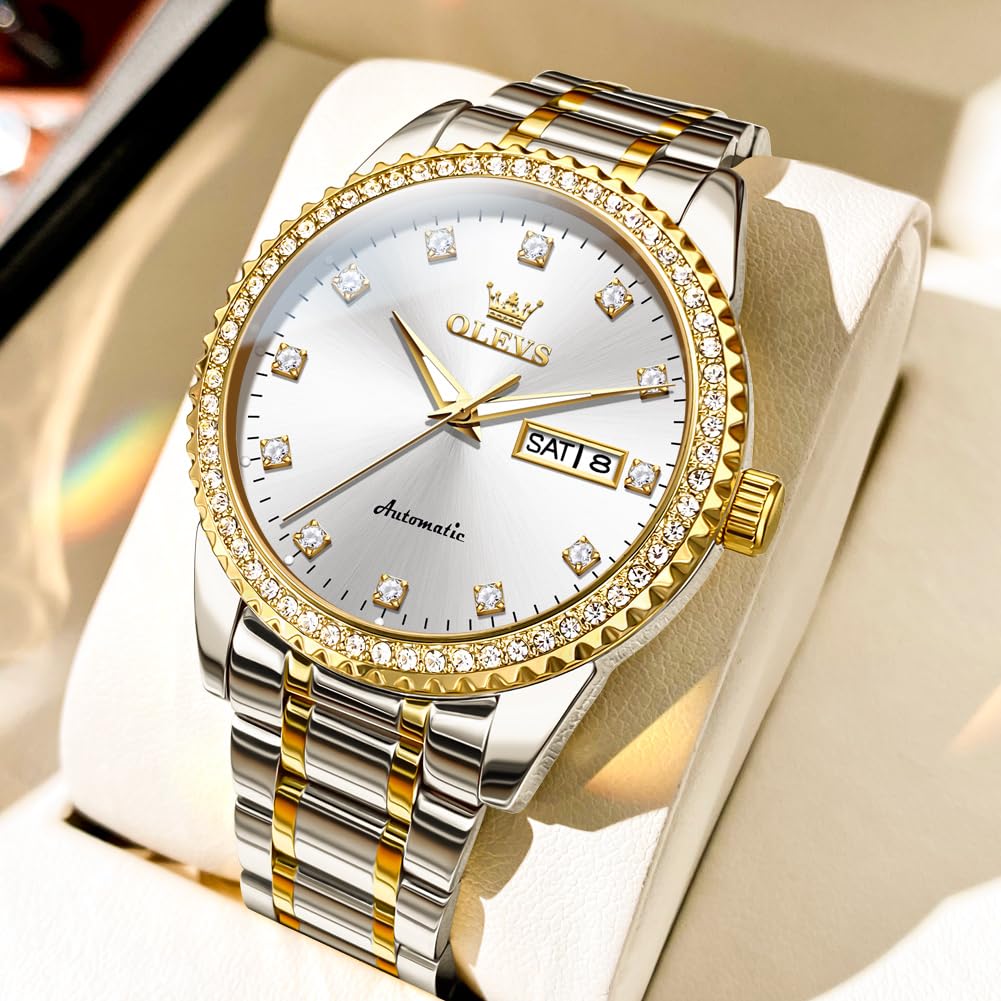 OLEVS Mens Automatic Watch Diamond Luxury Mechanical Self Winding Business Dress Wrist Watch Waterproof Luminous