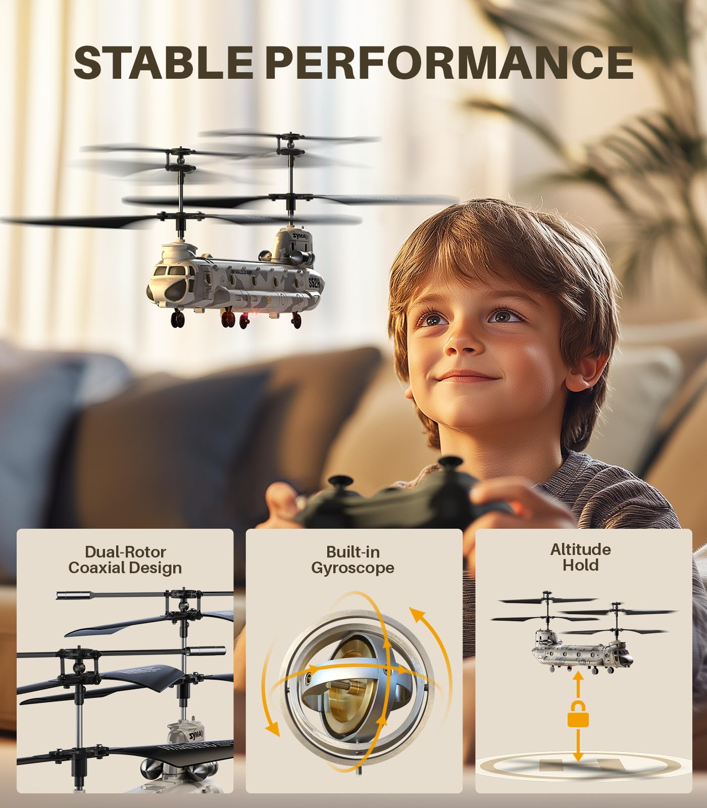 SYMA Remote Control Helicopter, S52H Military Transport RC Helicopter with Altitude Hold, One Key take Off/Landing, LED Light, Low Battery Reminder, Army Helicopter Toys for Kids and Military Fans