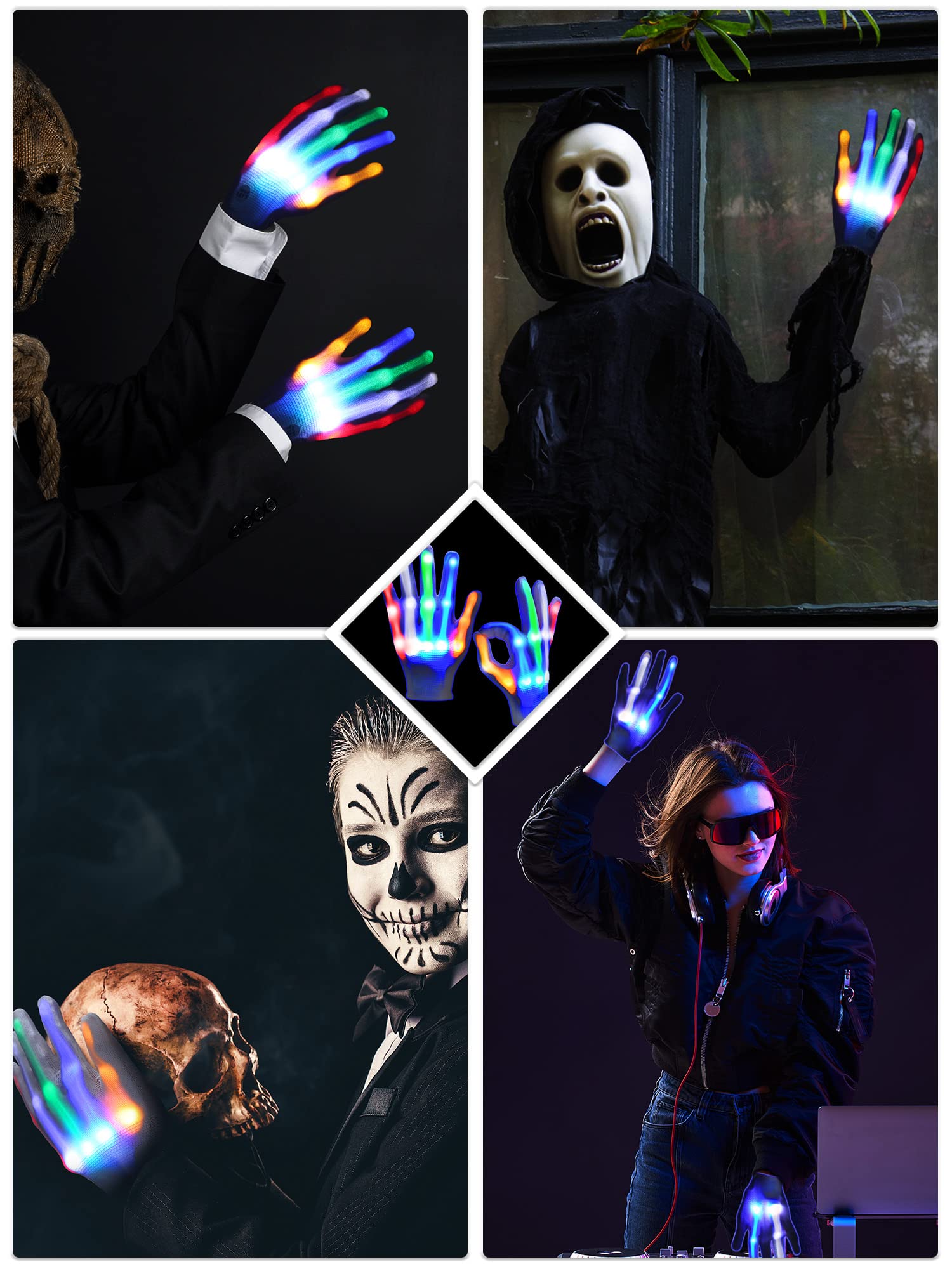 4 Pairs Light Gloves Glow in The Dark Gloves LED Flashing Light Gloves for Halloween Christmas Birthday Parties(Adult Size)