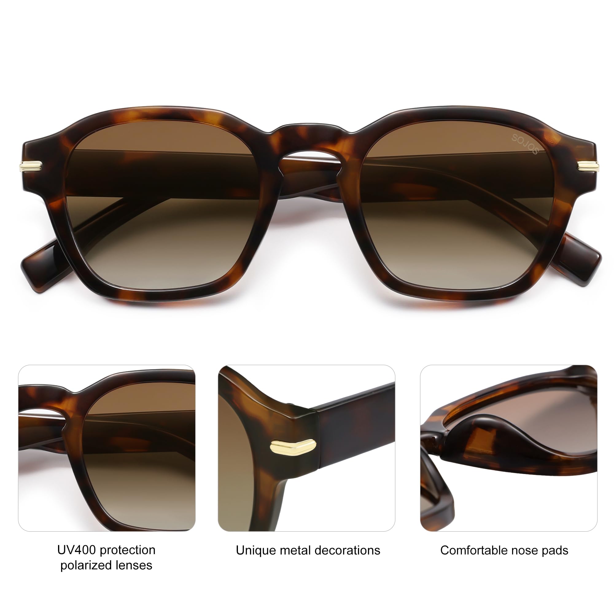 SOJOS Vintage Retro Square Polarized Sunglasses Men Trendy Womens Sun Glasses SJ2382 Tortorise Frame Coffee Grading Lens