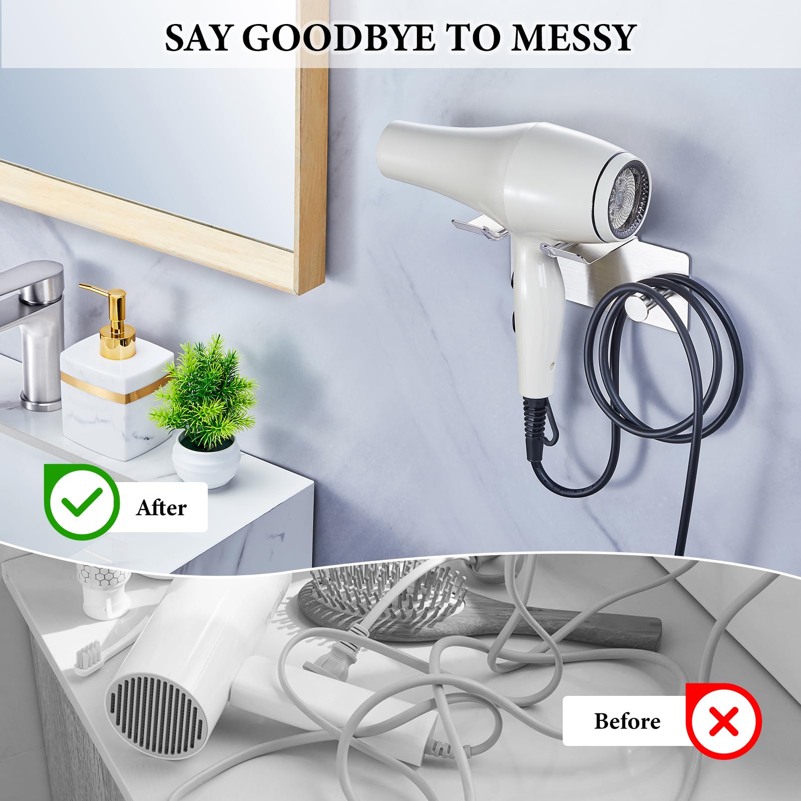 Hair Dryer Holder Wall Mounted, Blow Dryer Holder, Adhesive Hairdryer Holder for Bathroom, Hair Tool Organizer for Blowdryer Storage, Stainless Steel Hairdryer Organizer Blow Dryer Wall Hanger Stand