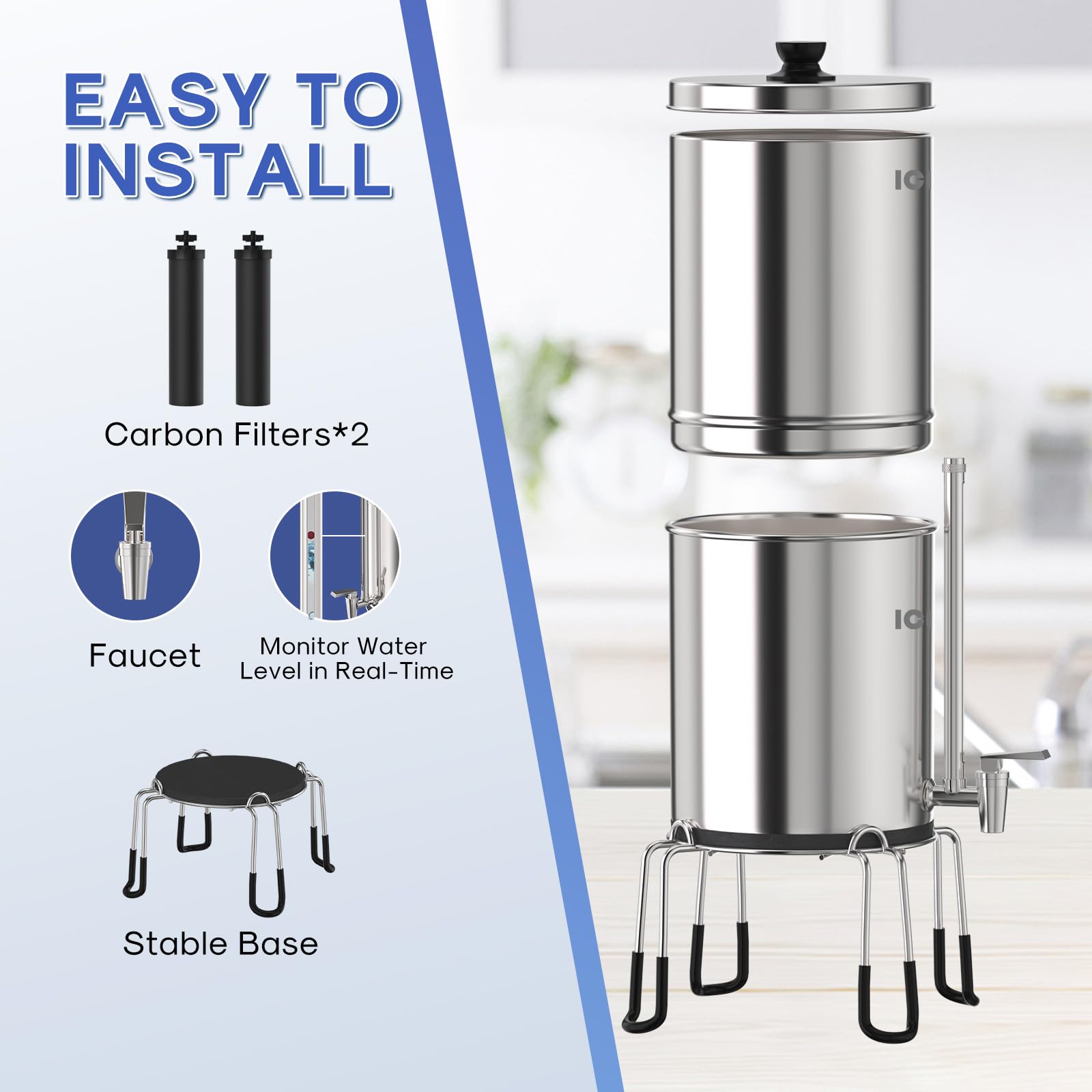 ICEPURE Gravity-fed Water Filter System, 2.35G Stainless-Steel 304 Countertop Filter System with 2 Black Carbon Filters, Providing Clean&Clear&Fresh Water, Used for Camping, RVing, Emergencies, Home