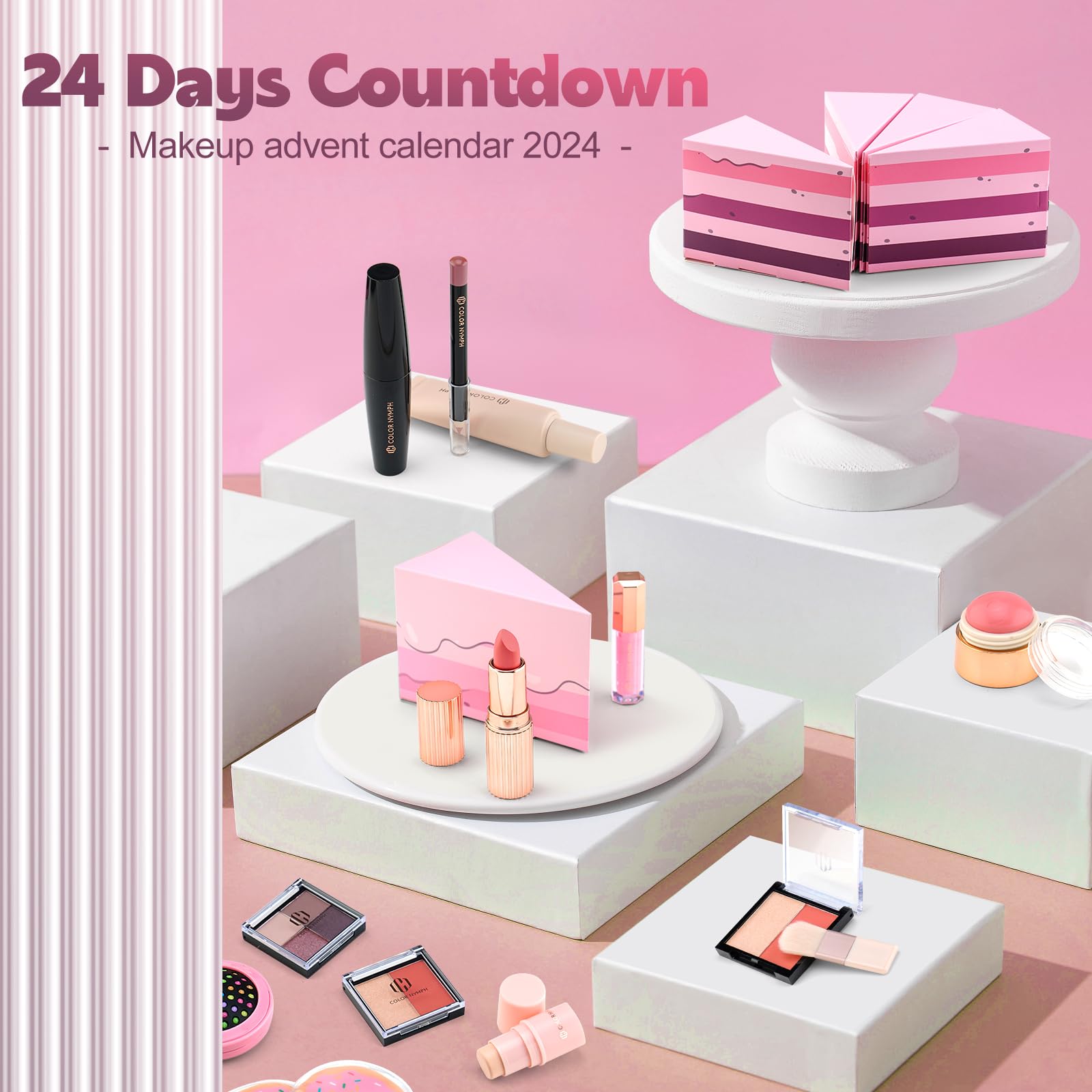 Color Nymph Makeup Advent Calendar 2024, 24 Days Advent Calendar Christmas New Year Birthday Makeup Gift Sets for Beauty Cosmetic Starter Kit For Teens Girlfriend Daughters Surprise Holiday Gift Pink