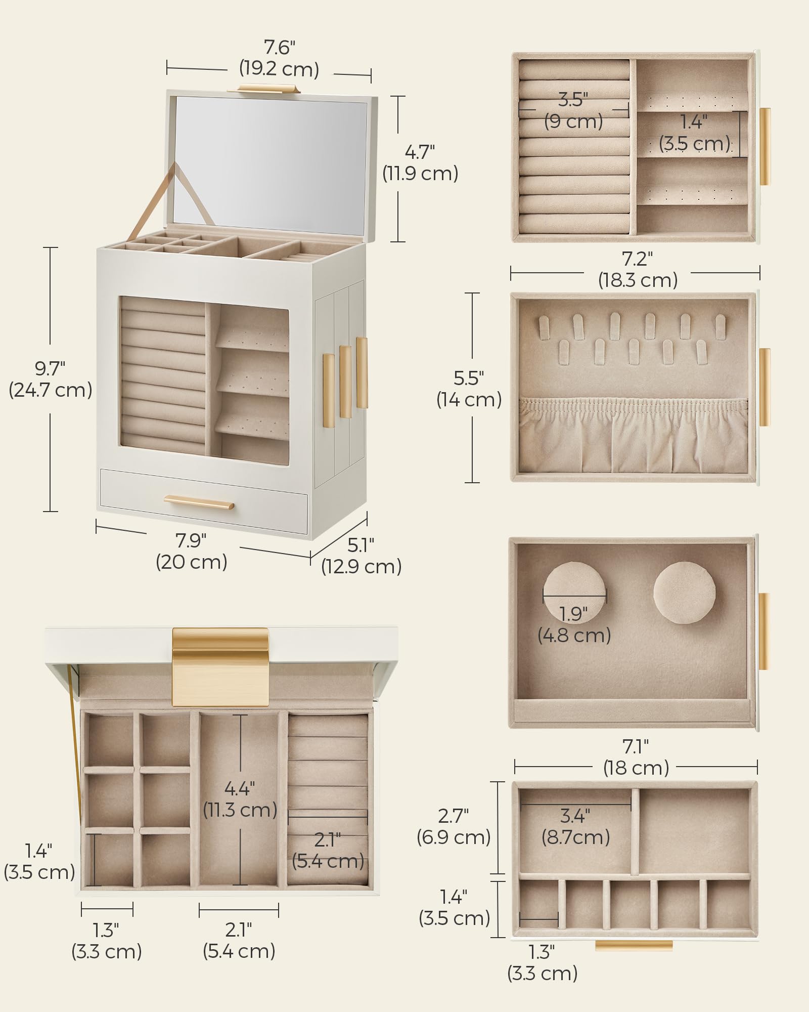 SONGMICS Jewelry Box with Glass Window, 5-Layer Jewelry Organizer with 3 Side Drawers, Jewelry Storage, with Big Mirror, Mother's Day Gifts, 5.1 x 7.9 x 9.7 Inches, Cloud White and Metallic Gold