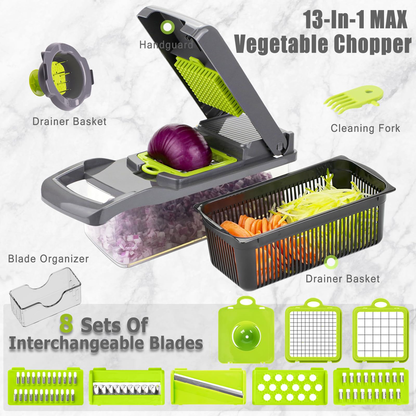 Krubeco Onion Chopper,Vegetable Chopper Food Chopper with Large Container,10 in 1 Adjustable Mandolin Slicer, Multi-Blade for Food Salad Potato Veggie Fruit Chopper Cutter (Grey)