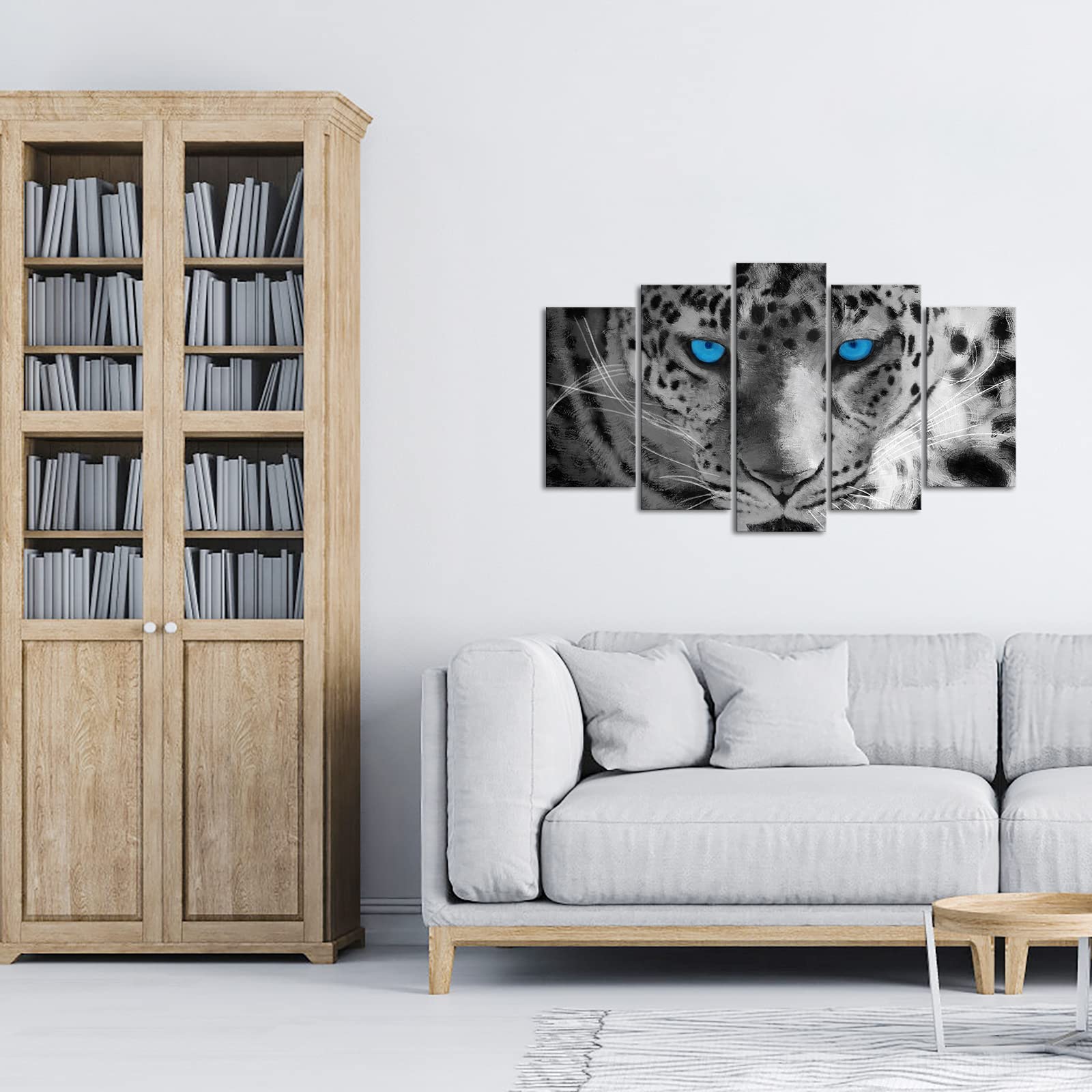 DuoBaorom 5 Piece White Leopard Blue Eyes Picture Canvas Animal Wall Art for Bedroom Living Room Decor