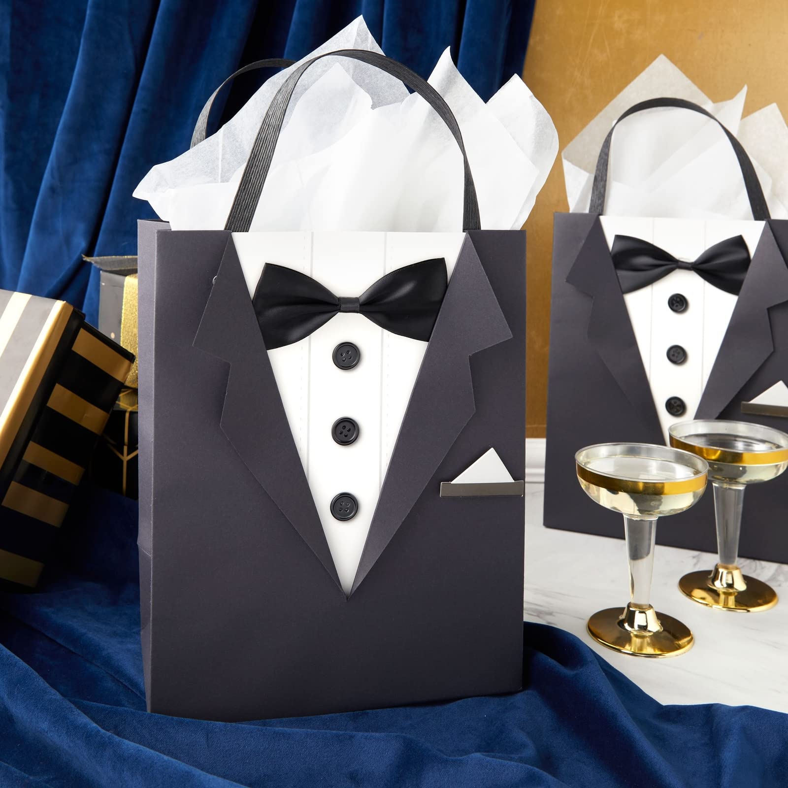 6 Pack Gift Bags with 3D Tuxedo Design, Satin Bow Tie, Real Buttons for Wedding Groomsmen Gifts for Bachelor Birthday, Bachelor Party Gift Favors Celebration (Black, 8 x 4.5 x 10 Inches)