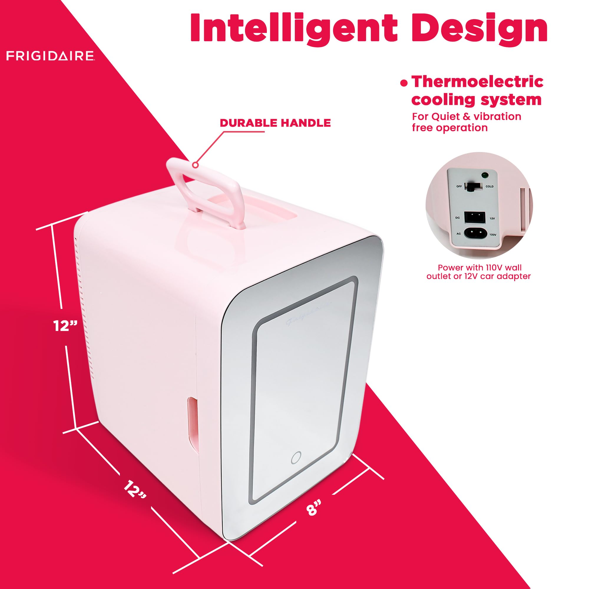 FRIGIDAIRE EFMIS170-PINK Mini Portable Compact Personal Fridge, 6.5L Capacity, 9 Cans, Makeup, Skincare, Freon-Free & Eco Friendly, Includes Home Plug & 12V Car Charger, 2022 version, Pink, standard