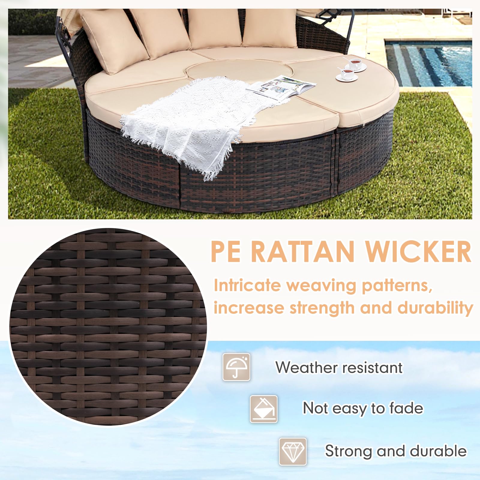 SUNCROWN Outdoor Patio Round Daybed with Retractable Canopy, Brown Wicker Furniture Sectional Couch with Washable Cushions, Backyard, Porch