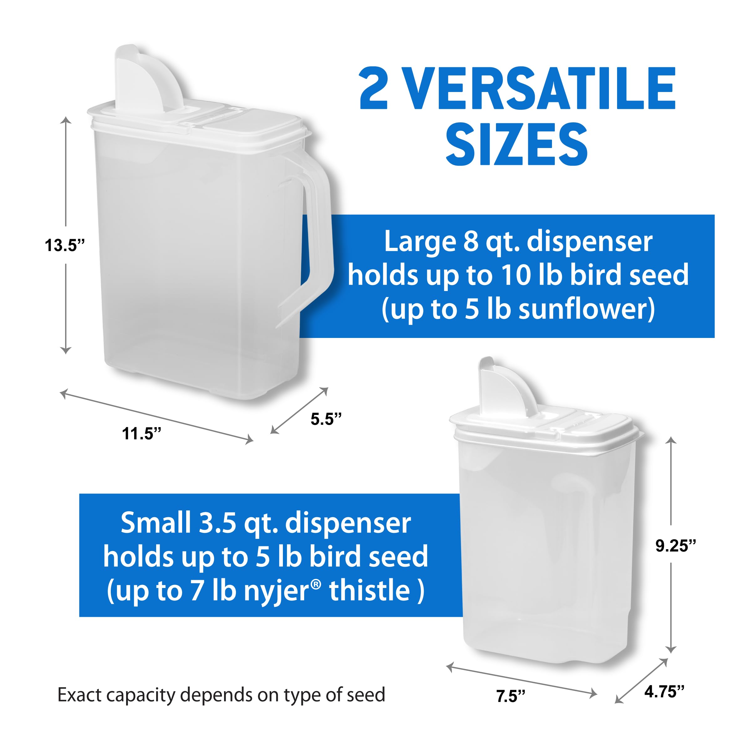 Buddeez Pet Food Storage Containers - 2 Count Bird Seed Dispenser with Pour Tight Lids and Easy Pour Spouts, 8 Qt and 3.5 Qt, Bird Seed Storage for Small and Large Feed, BPA Free