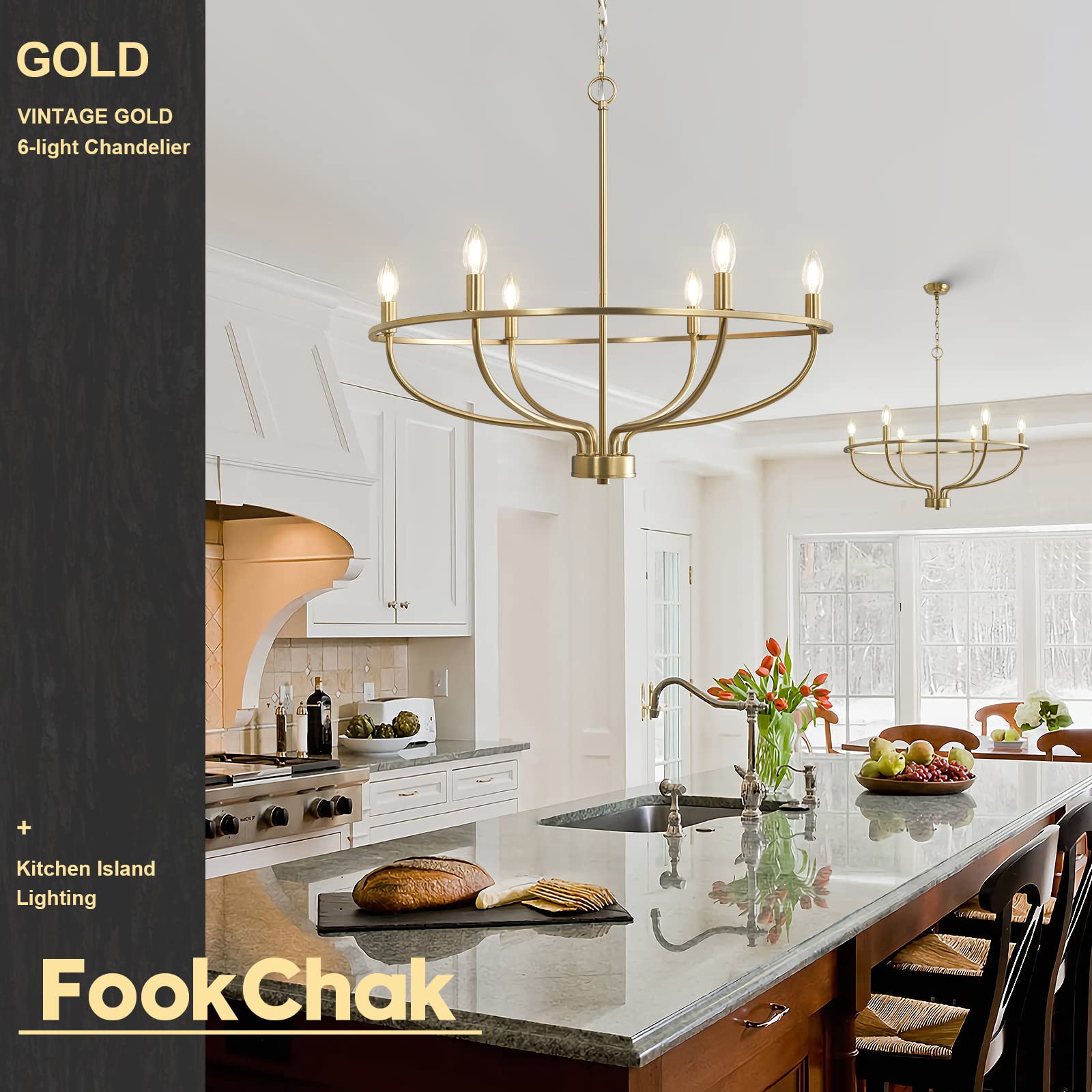 FookChak 6-Light Gold Chandelier Vintage Candle Chandelier Dining Room Chandelier Over Table for Bedroom, Living Room,Kitchen,28.54in,E12