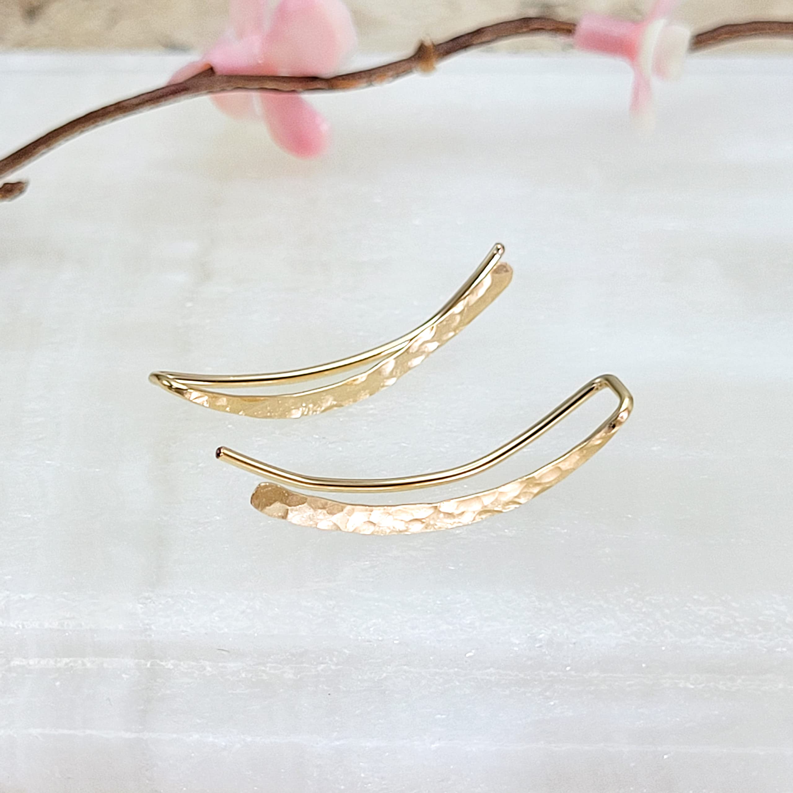 14K Gold Filled Hammered Pair of Ear Climber Earrings, Ear Crawlers, Long Curved Clip On Pins