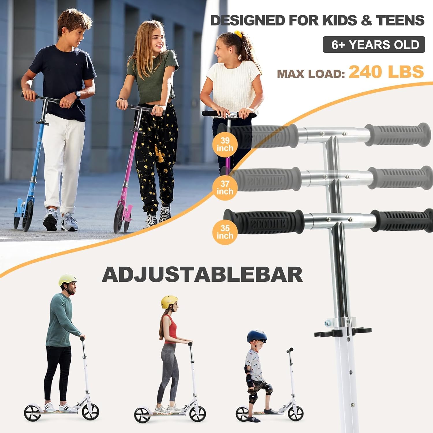 Kick Scooter for Ages 6+, Kids, Teens & Adults. Max Load 240 LBS. 8IN Big Wheels for Kids, Teens & Adults, 3 Adjustable Levels (White)