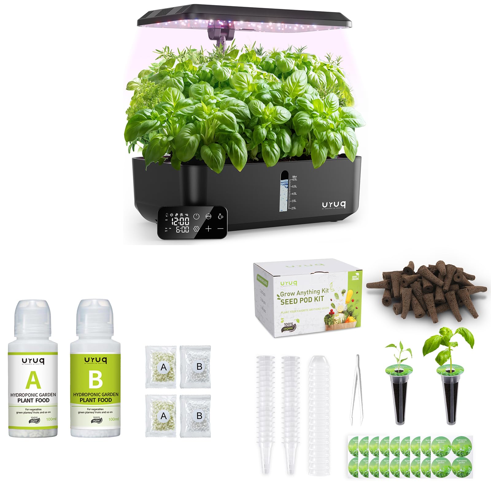 URUQ 12 Pods Hydroponics Growing System Remote Control Black & 140Pcs Hydroponic Pods Supplies & 600ml Plant Food Nutrients