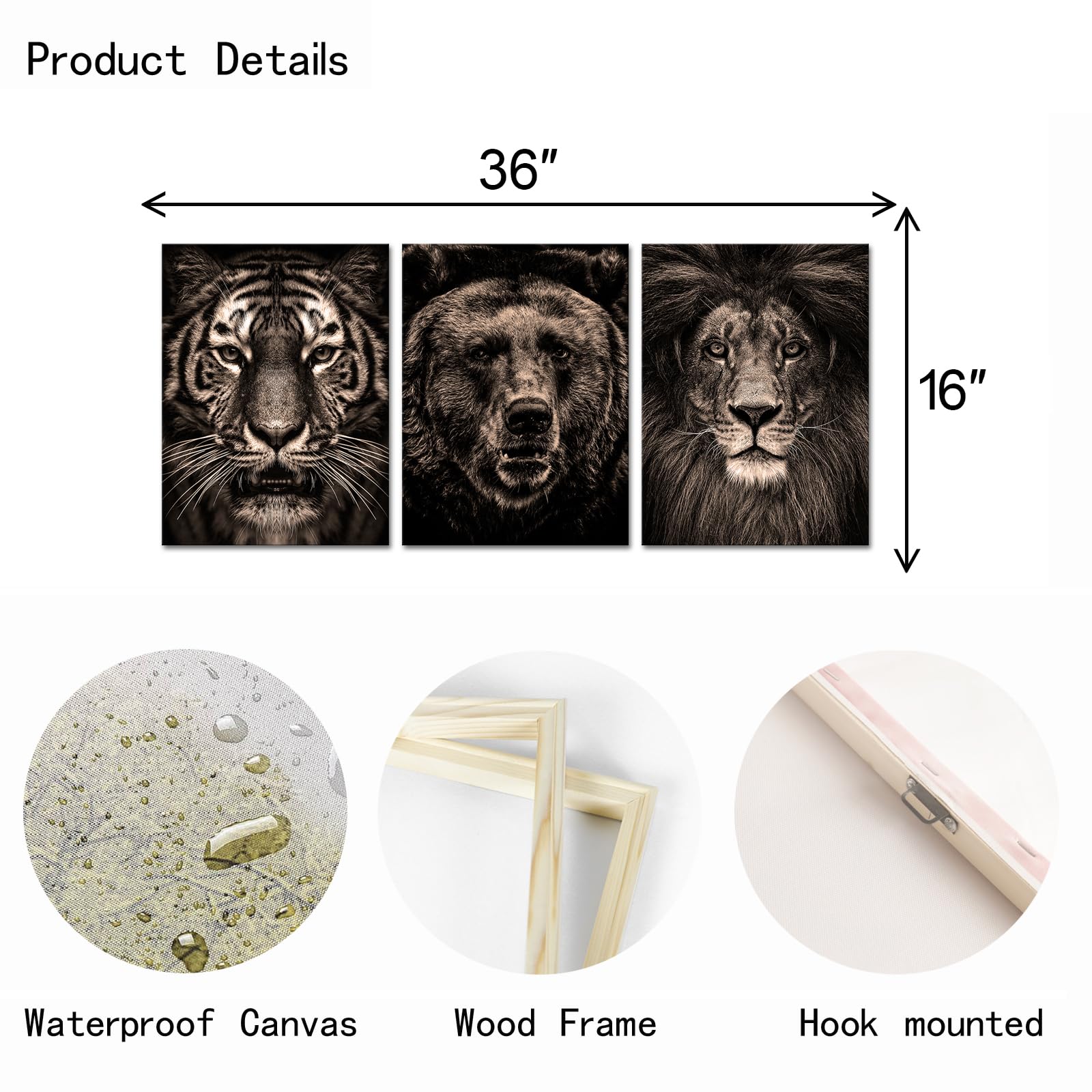 OuElegent Black and Beige Wildlife Canvas Wall Art Animal Tiger Bear Lion Portrait Picture Poster Artwork for Home Living Room Bedroom Office Wall Decoration 12"x16"x3pcs