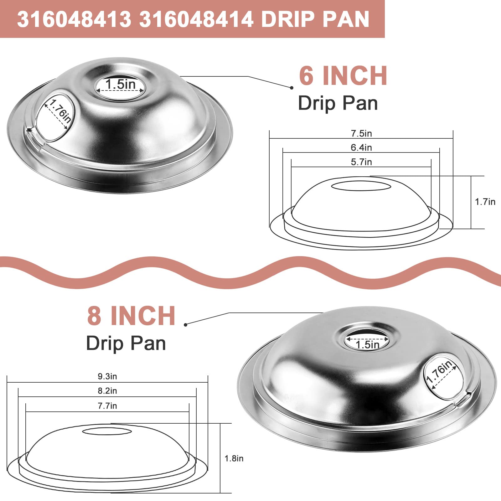 Electric Stove Burner Drip Pans Chrome 316048413(8”) 316048414(6”) and MP22YA Electric Range Burner Elements Replacement for Ken-more Tap-pan Frigi-daire Electric Stove Burner by Fetechmate