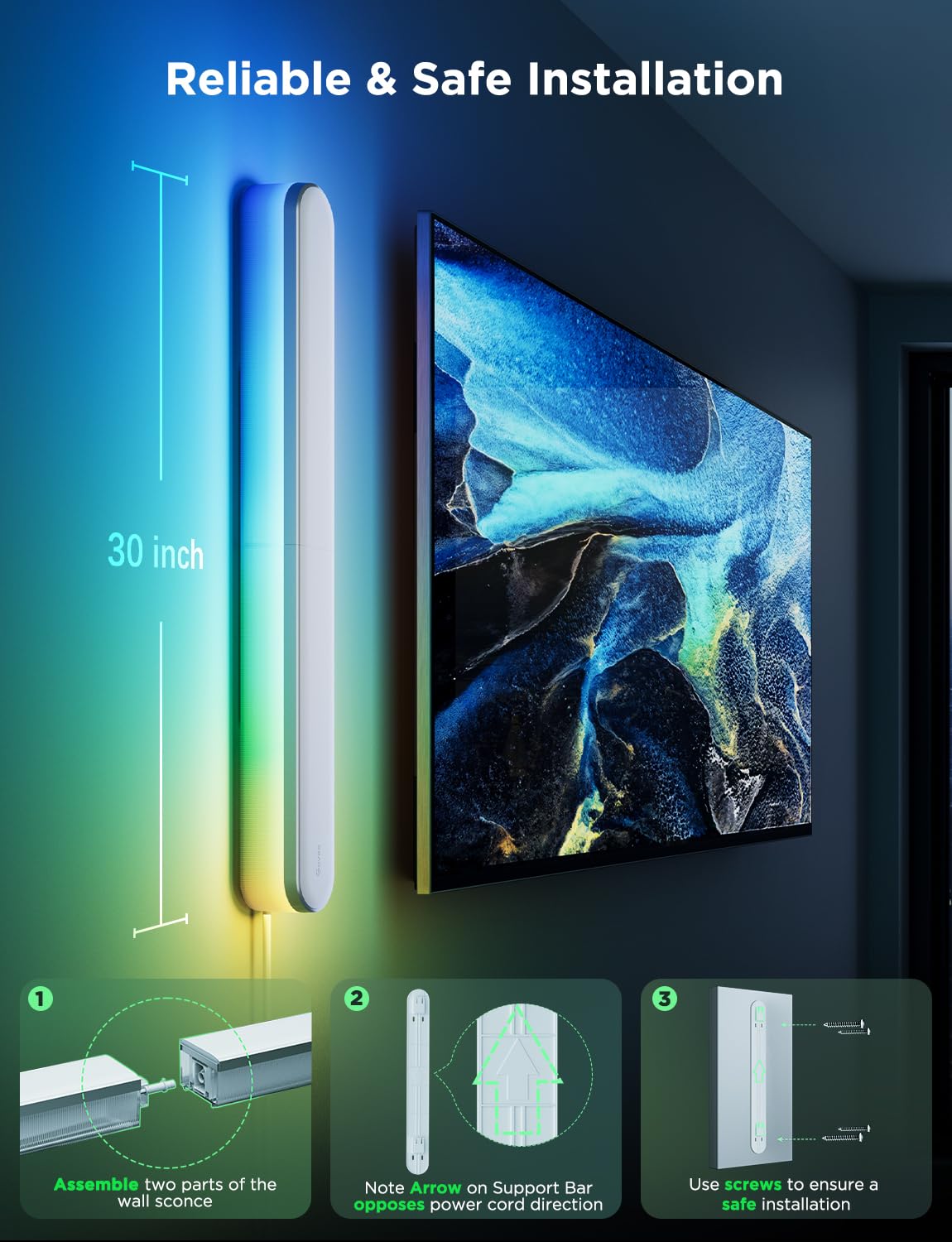 Govee Wall Sconce, Smart RGBIC Wall Lights, Works with Matter & Alexa, Music Sync, Wall Mount Light Plug in, Color Changing, Modern Room Light for Living Room Bedroom Gaming Room Hallway, 1 Pack