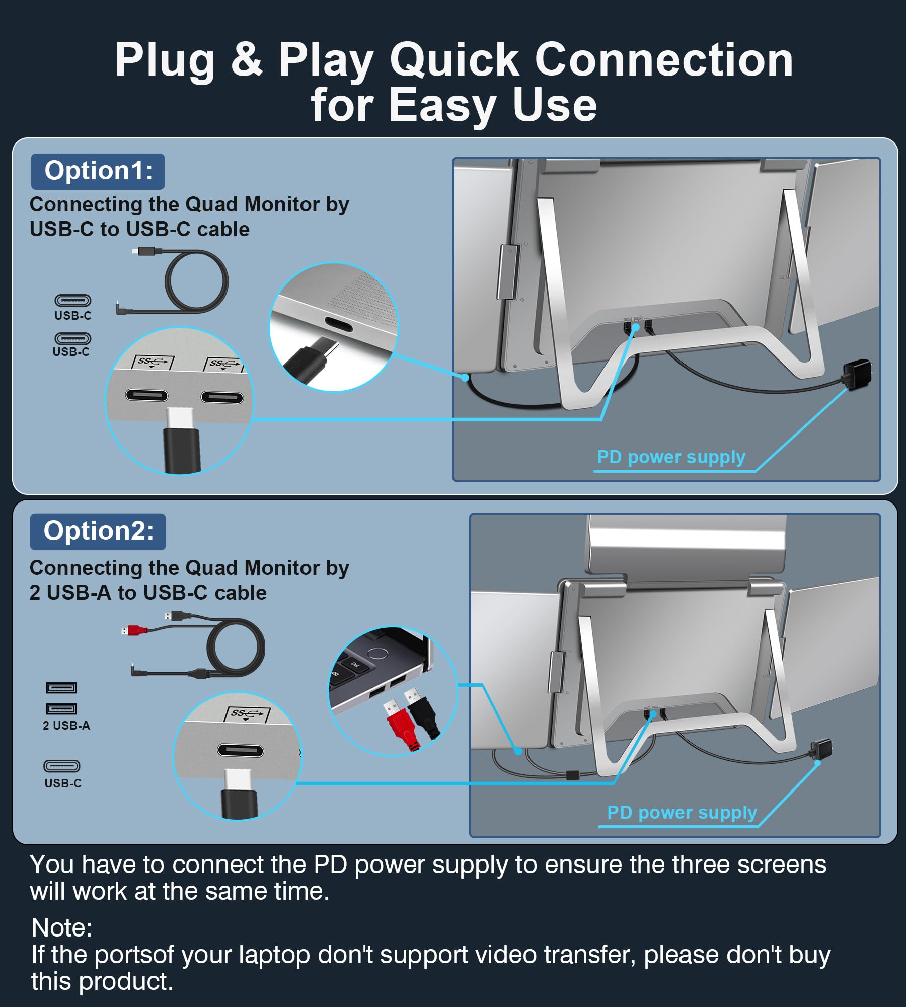 FOPO 15.6" Laptop Screen Extender Monitor Portable, Quad Monitor, Just 1 Cable for 3 Screens, FHD 1080P IPS Laptop Extender Compatible with Wins/Mac for 13.6" ~ 17.3" Laptops