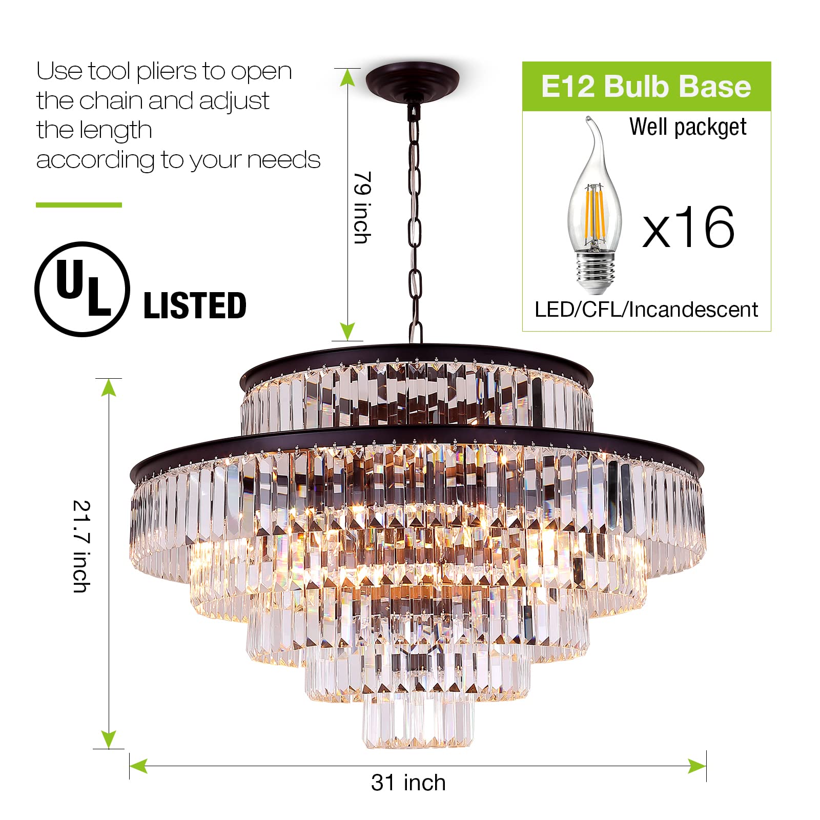 Lt-vt Black Modern Style Crystal Chandeliers & LightsRound Hanging Classic, Pendant Ceiling Chandelier Lighting Fixture 6-Tier for Dining Room Living Room(Black,31 inch)