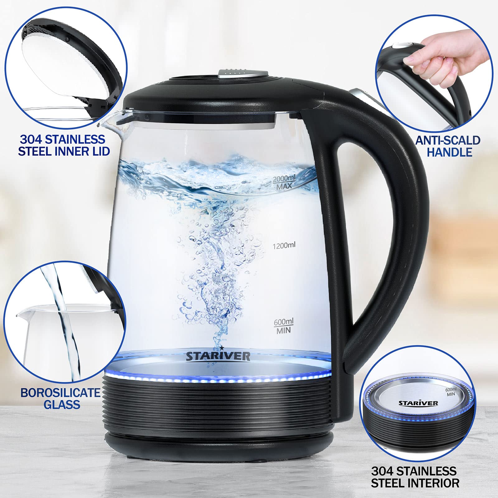 Stariver Electric Kettle, 2L Electric Tea Kettle, BPA-Free Glass Kettle with LED, Hot Water Kettle with Fast Boil, Auto Shut-Off & Boil-Dry Protection, Stainless Steel Inner Lid & Bottom, Black