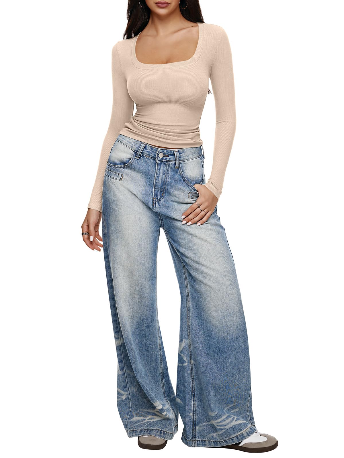 REORIA Womens Long Sleeve Tops Ribbed Knit Scoop Neck Slim Fitted Casual Basic Tee Shirts for Women Fashion Trendy 2025(Beige Small)