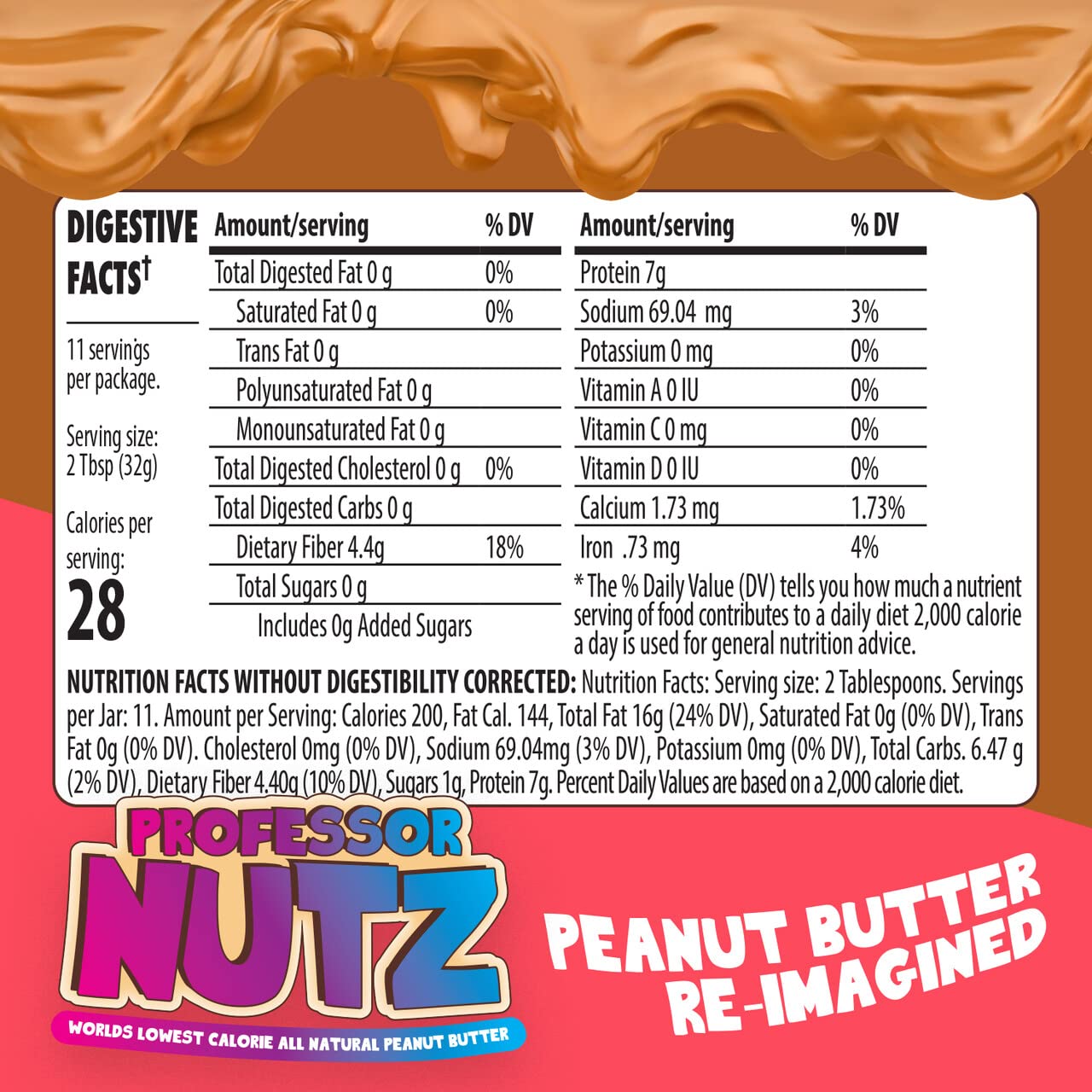 Professor Nutz Organic Peanut Butter- Low Calorie, Nut Butter, Natural Peanut Butter, Natural Fiber, Healthy Peanuts, Great source of Protein, 30 Essential Vitamins & Minerals - 12.41 Oz, Original