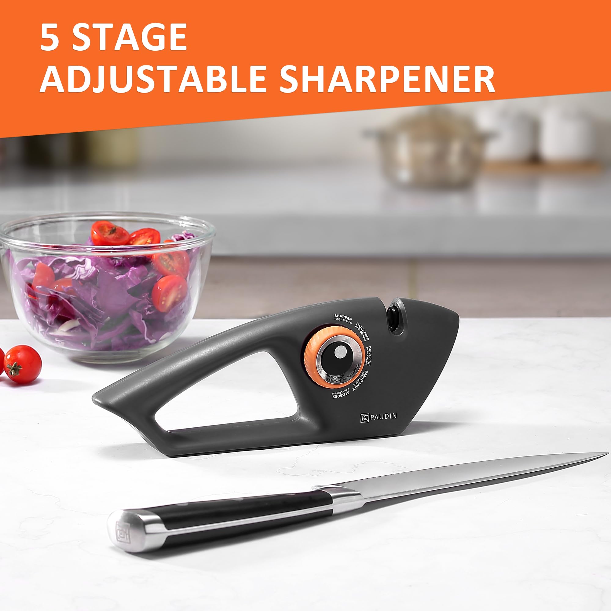 PAUDIN Knife Sharpener, Kitchen Knife Sharpener, 5 Stage Knife Sharpeners for Kitchen Knives, Pocket, Serrated Knives & Scissors, Blade Sharpening, Honing & Polishing Tool, Black