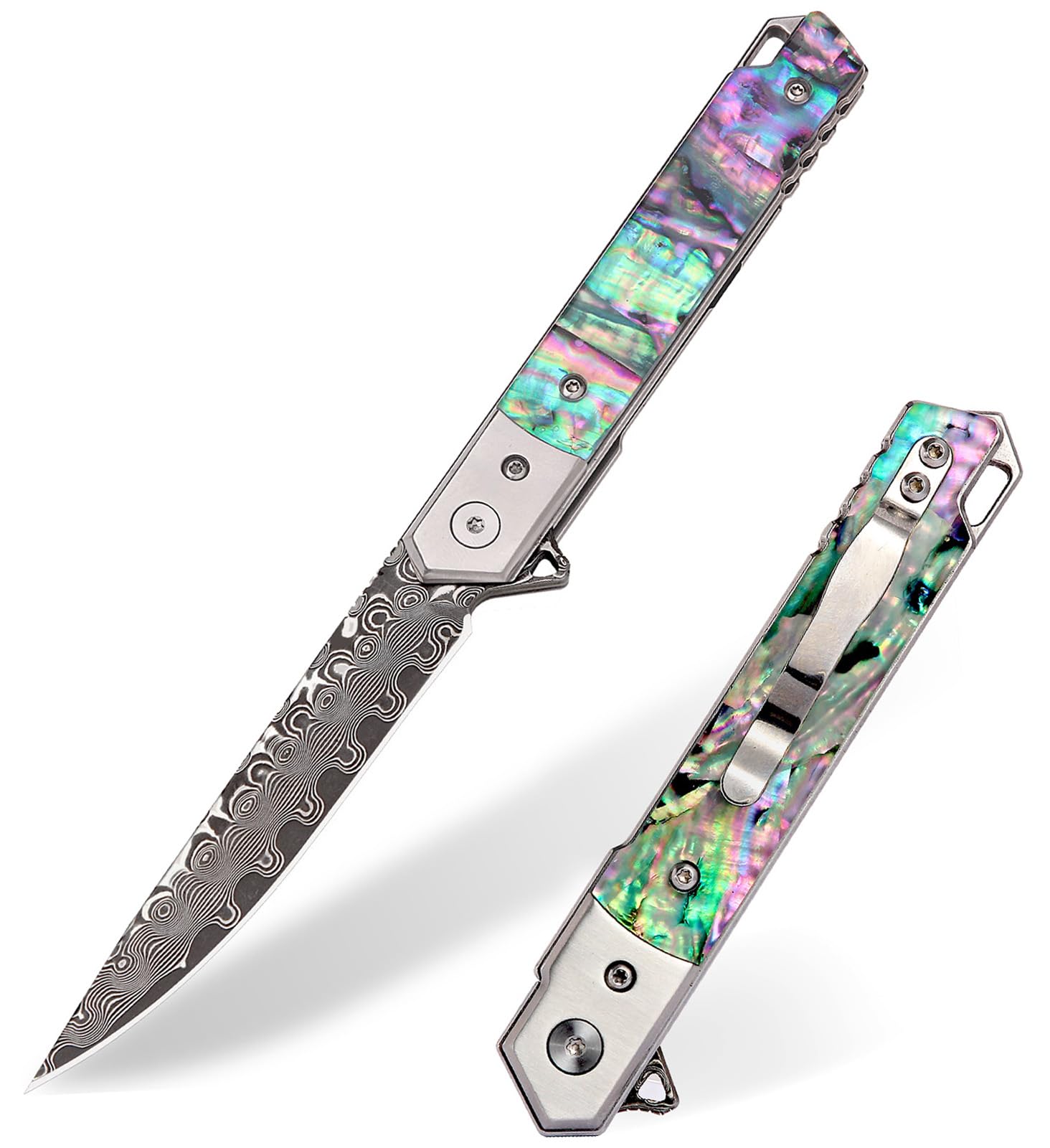 VALKNUT Damascus Folding Pocket Knife with Clip, Abalone Handle Damascus Steel Blade Knife for Men and Women, EDC Knife for Outdoor Camping, Collection and Gifts