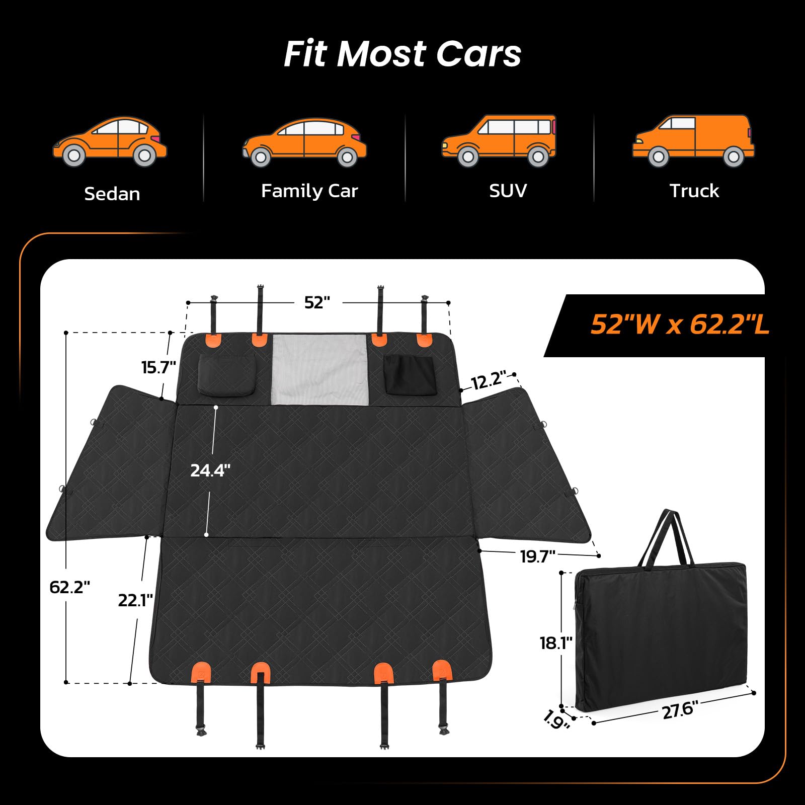 Roilpet Dog Car Back Seat Cover, Pet Car Hammock for Back Seat with Adjustable Belt, Universal Fit for Cars, Trucks, SUV, Back Seat Extender for Dogs, Black