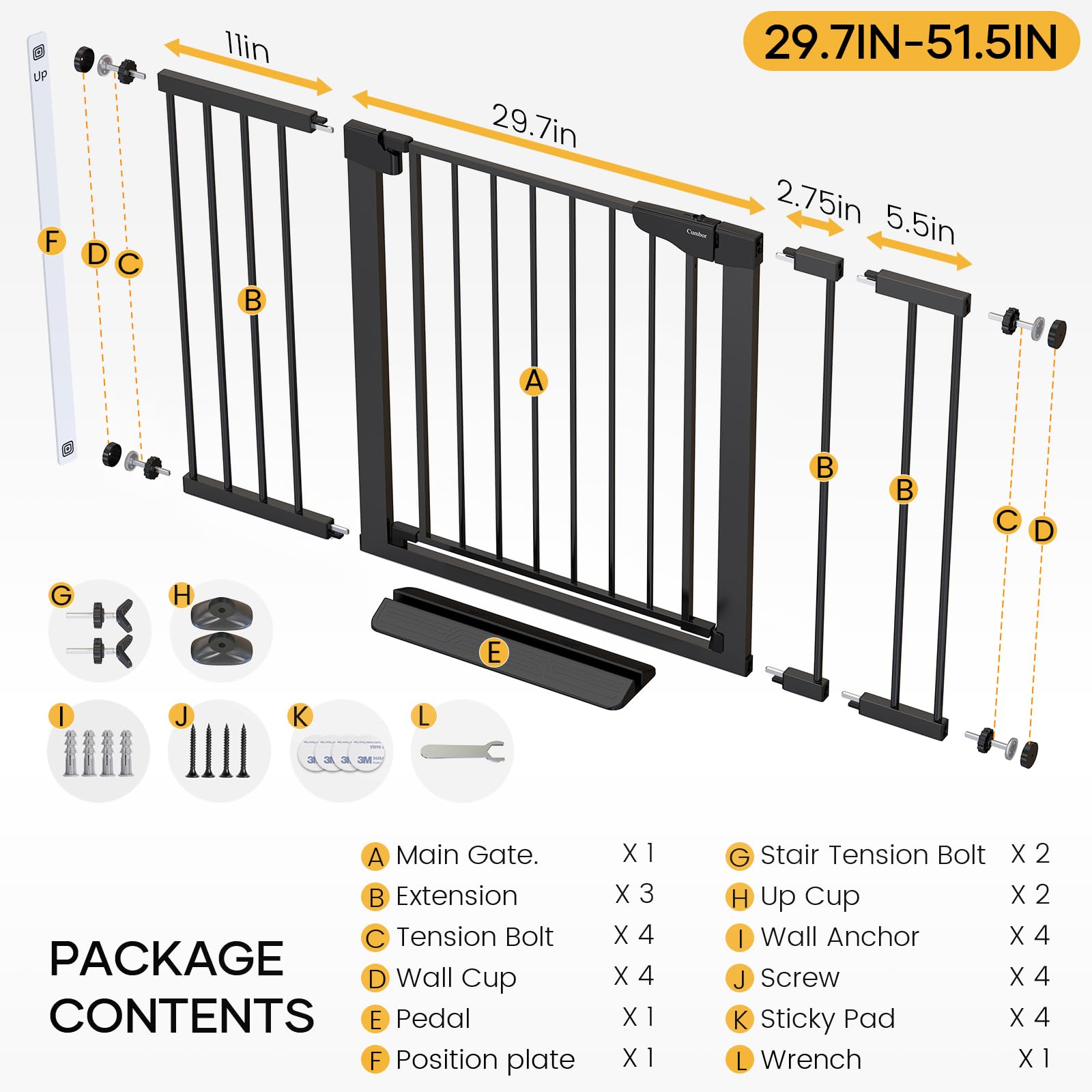 Cumbor 29.7-51.5" Baby Gate Extra Wide, Safety Dog Gate for Stairs Easy Walk Thru Auto Close Pet Gates for The House, Doorways, Child Gate Includes 4 Wall Cups, Black-Mom's Choice Awards Winner