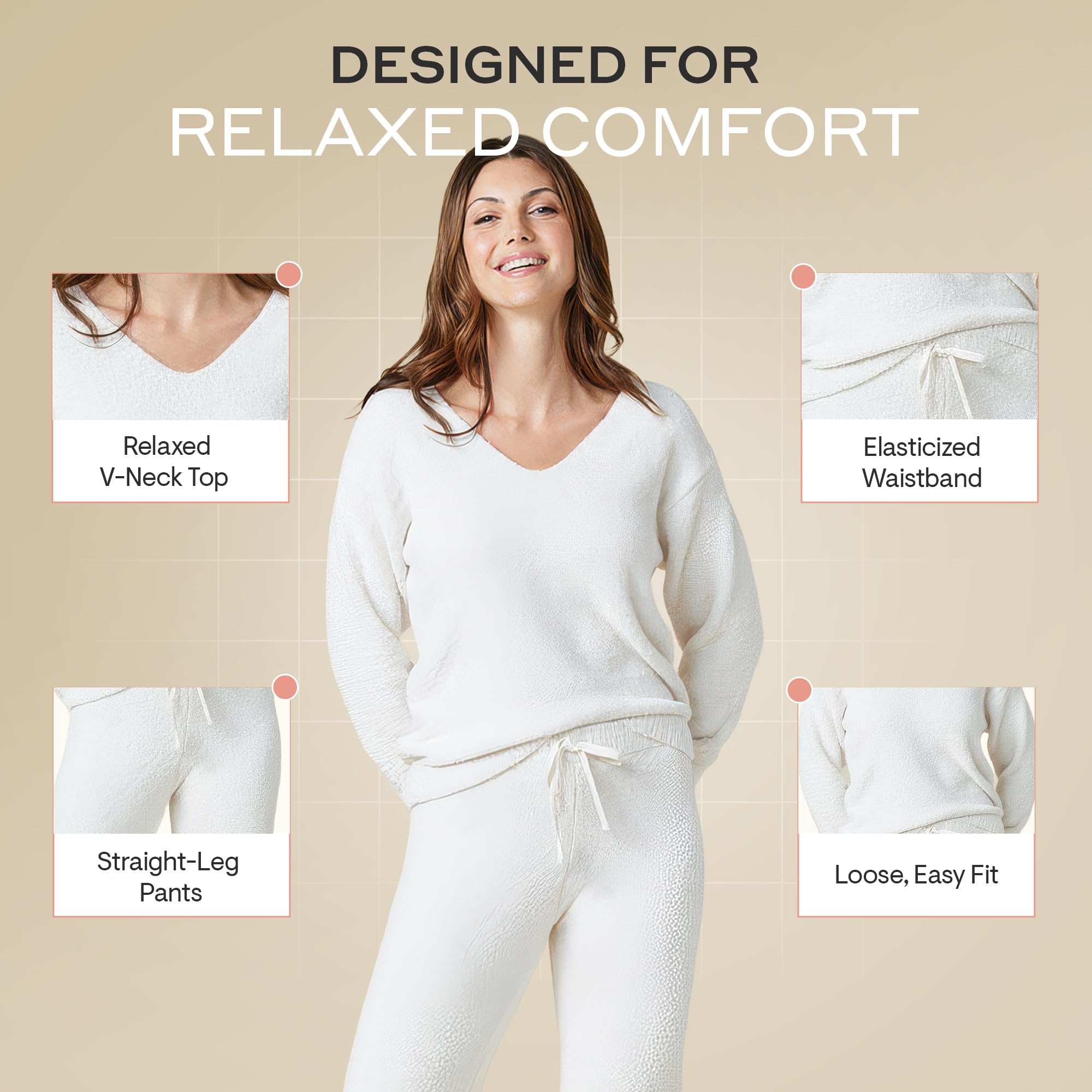 Softies Marshmallow V Neck Lounge Set for Women Ultra Soft 2 Piece Loungewear with Relaxed Top and Straight Leg Pants, Coco, S