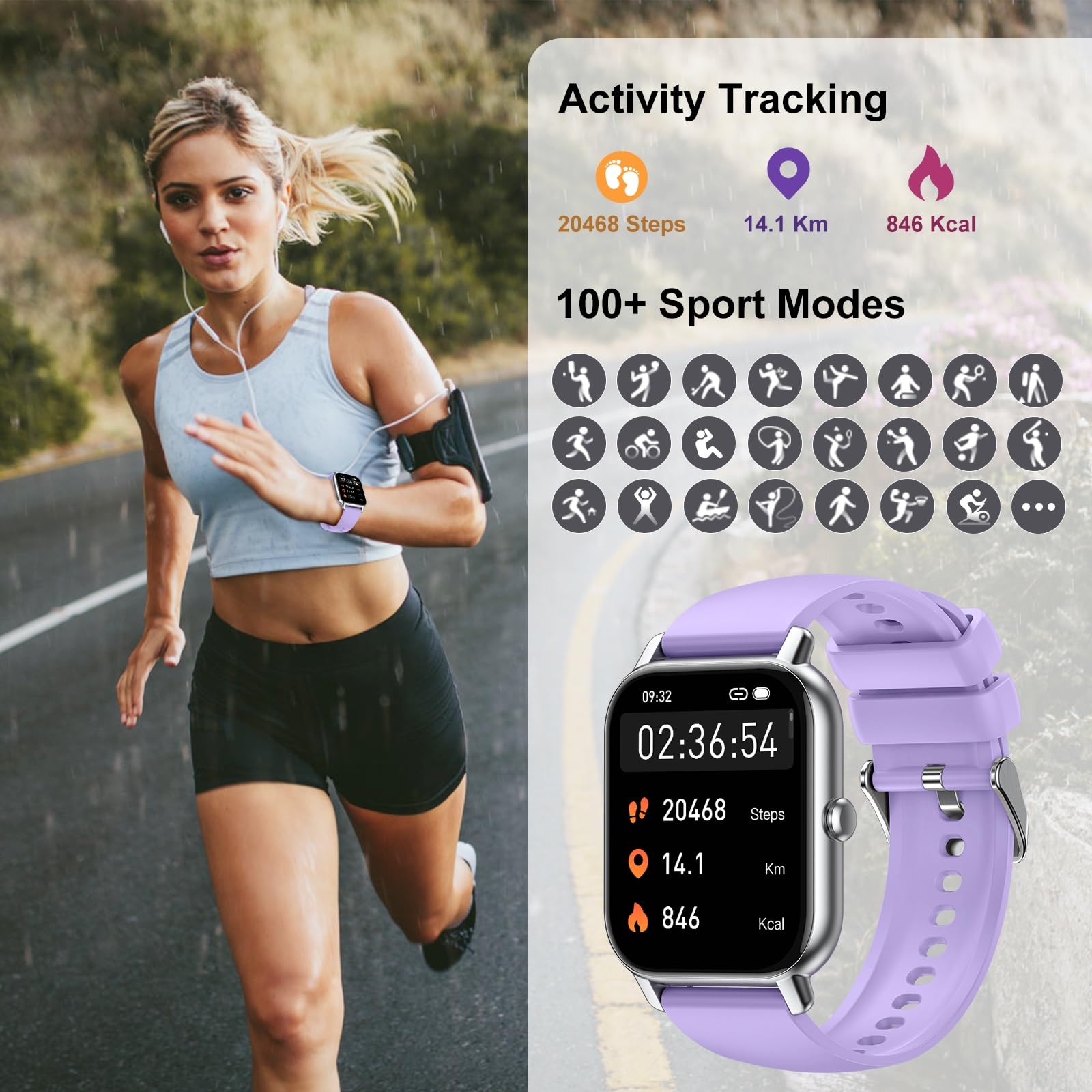 Smart Watch(Answer/Make Call), 1.85" Smartwatch for Women IP68 Waterproof, 100+ Sport Modes, Fitness Activity Tracker Heart Rate Sleep Monitor Pedometer, Smart Watches for Android iOS, Lavender Purple